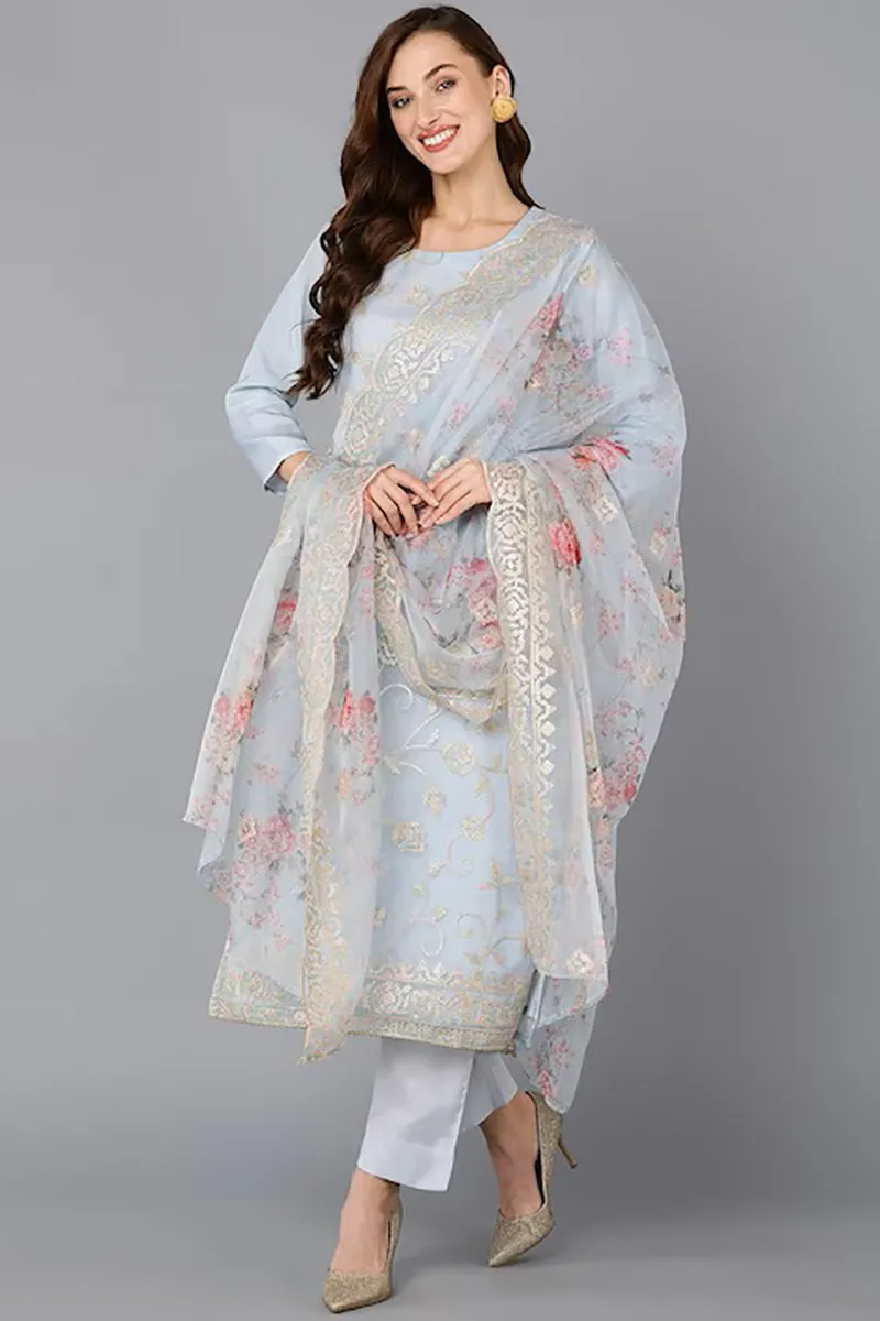 Grey Organza Ethnic Motifs Straight Suit Set