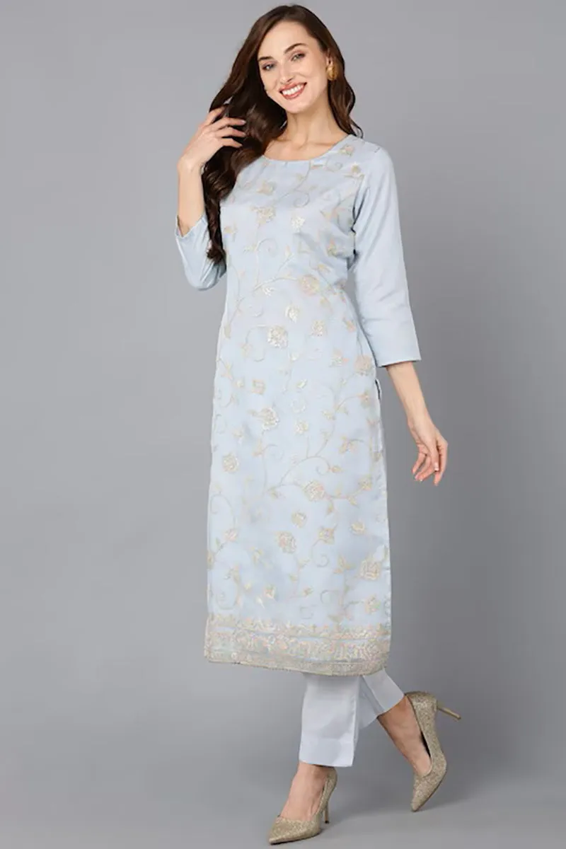 Grey Organza Ethnic Motifs Straight Suit Set