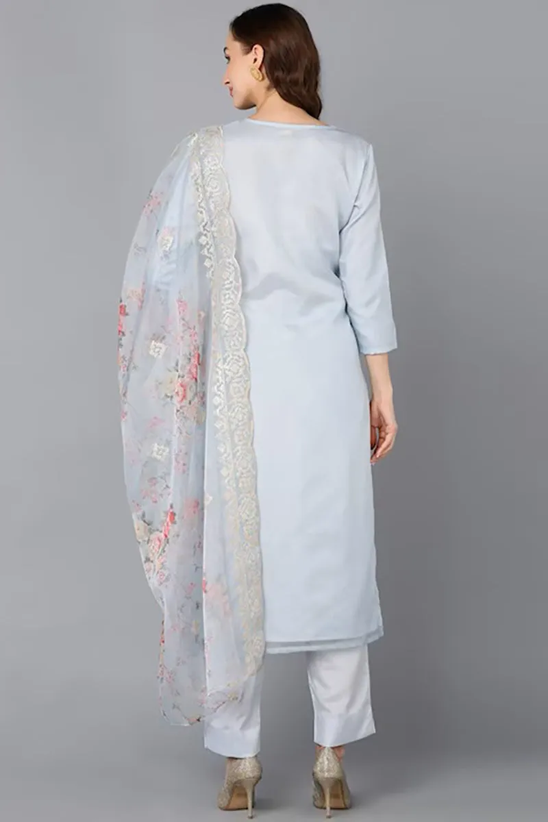 Grey Organza Ethnic Motifs Straight Suit Set