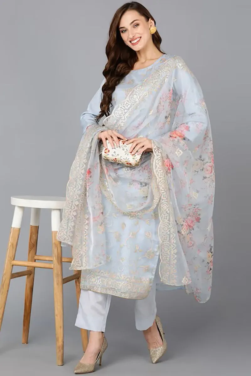 Grey Organza Ethnic Motifs Straight Suit Set