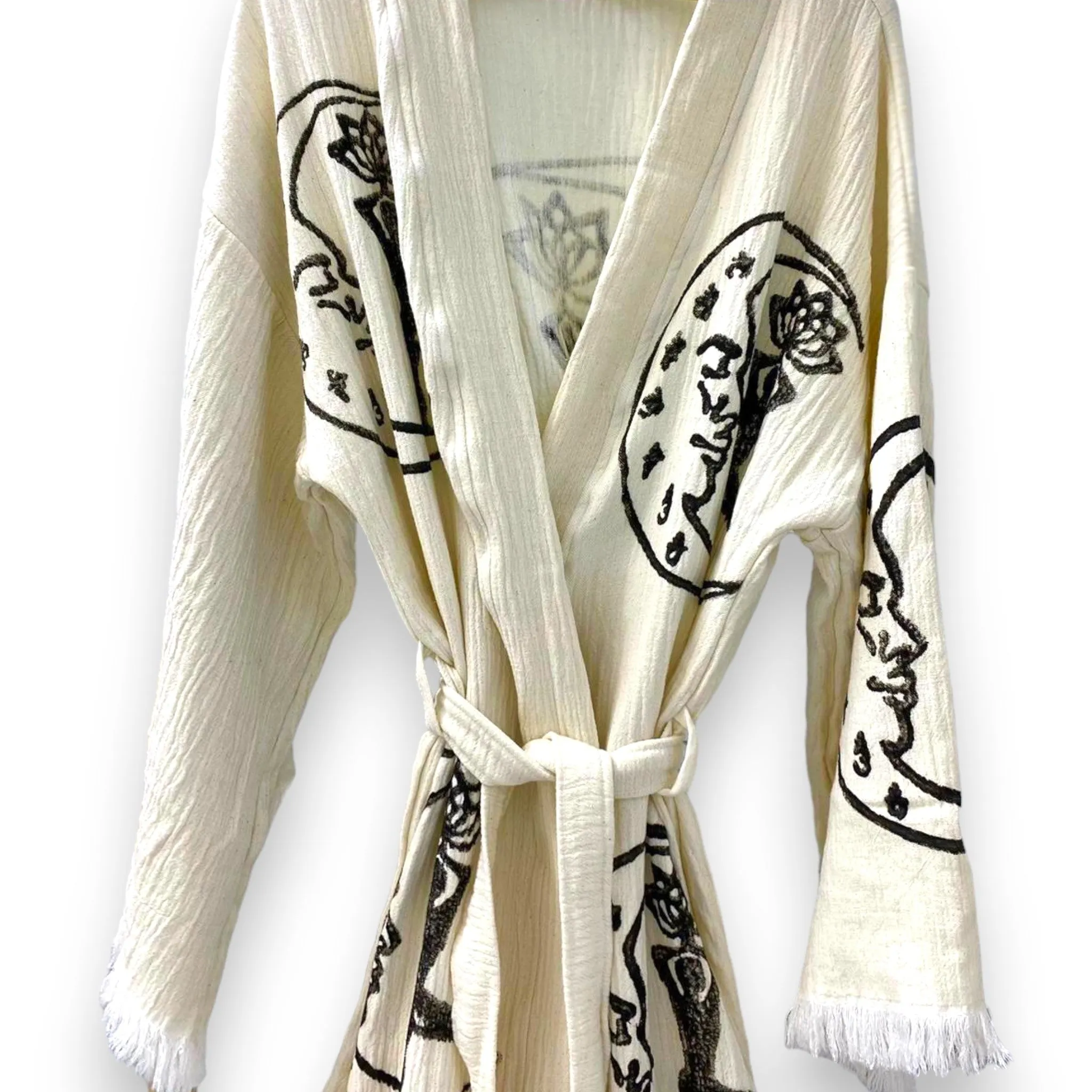 Hand-Made Block Print Turkish Towel Elephant Design Kimono Robe Kaftan