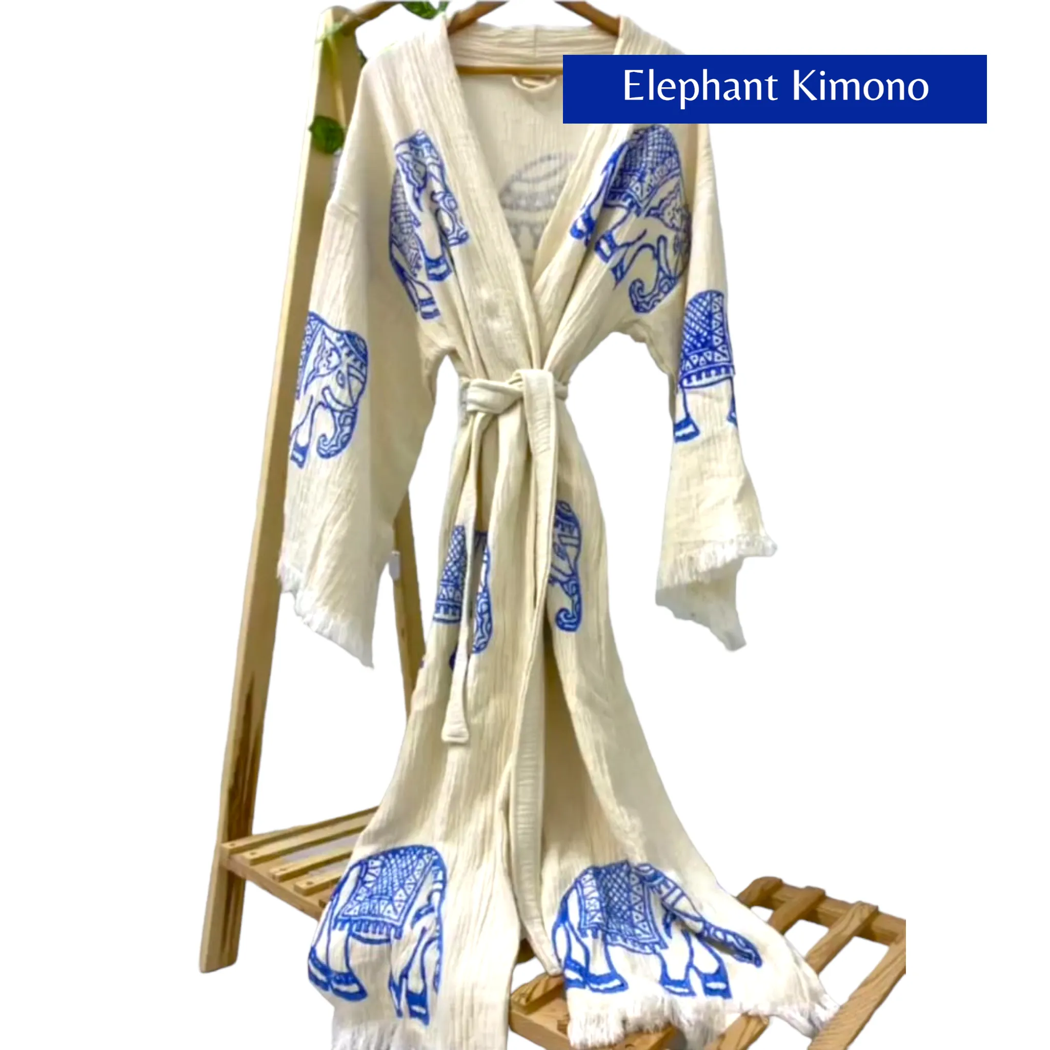 Hand-Made Block Print Turkish Towel Elephant Design Kimono Robe Kaftan