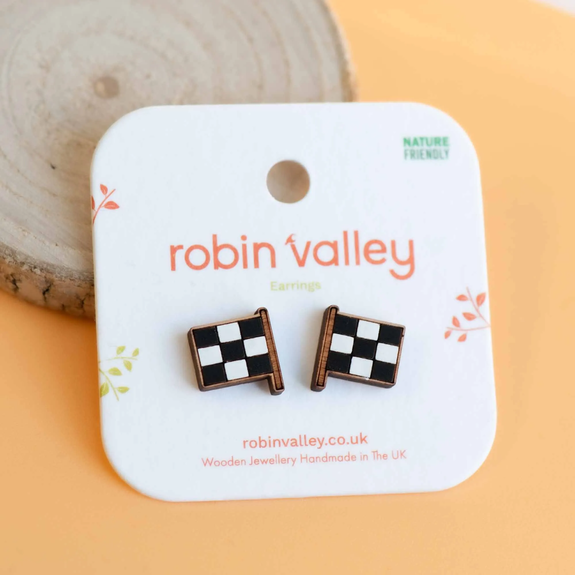 Hand-painted Racing Flag Wooden Earrings - PET15342