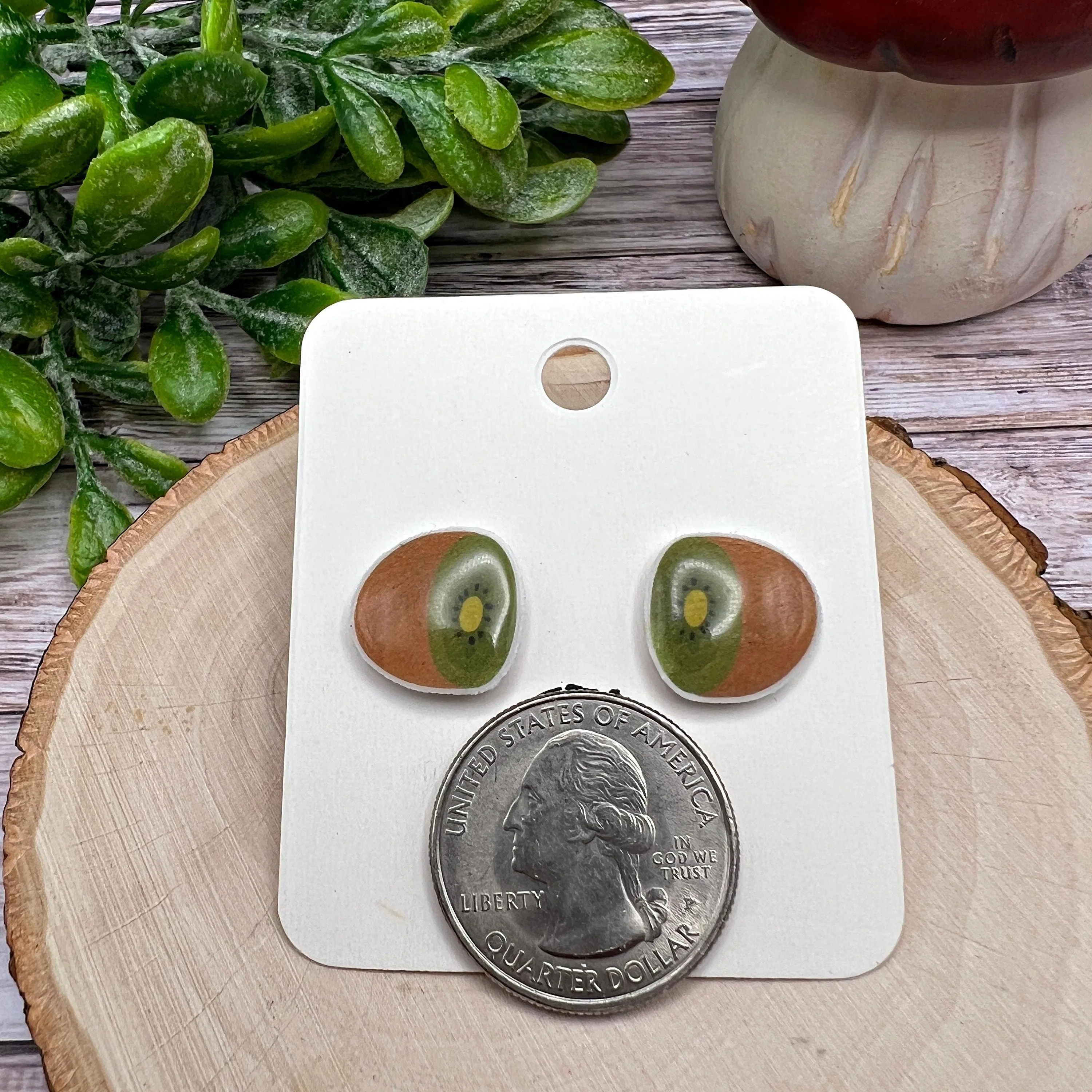 Handmade Plastic Kiwi Fruit Lightweight Stud Earrings, Hypoallergenic