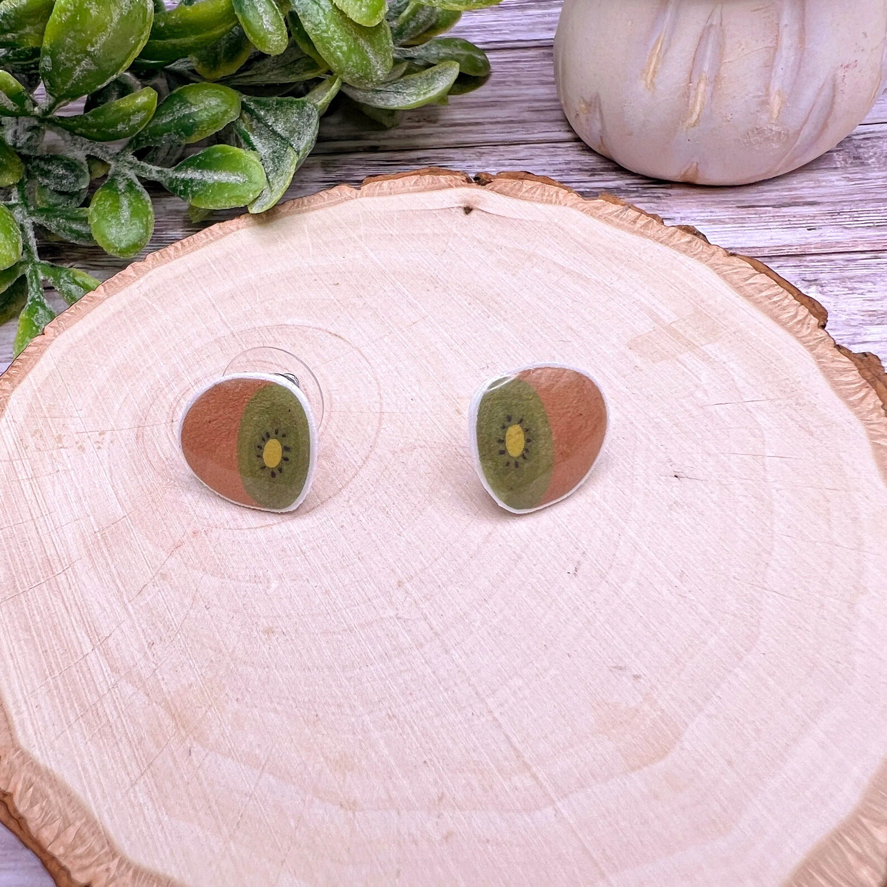 Handmade Plastic Kiwi Fruit Lightweight Stud Earrings, Hypoallergenic