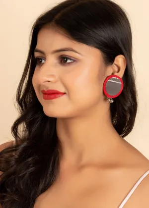 Handmade Red Grey Ajrakh Cotton Fabric Ghungroo Stud Earrings - Perfect for All Occasions