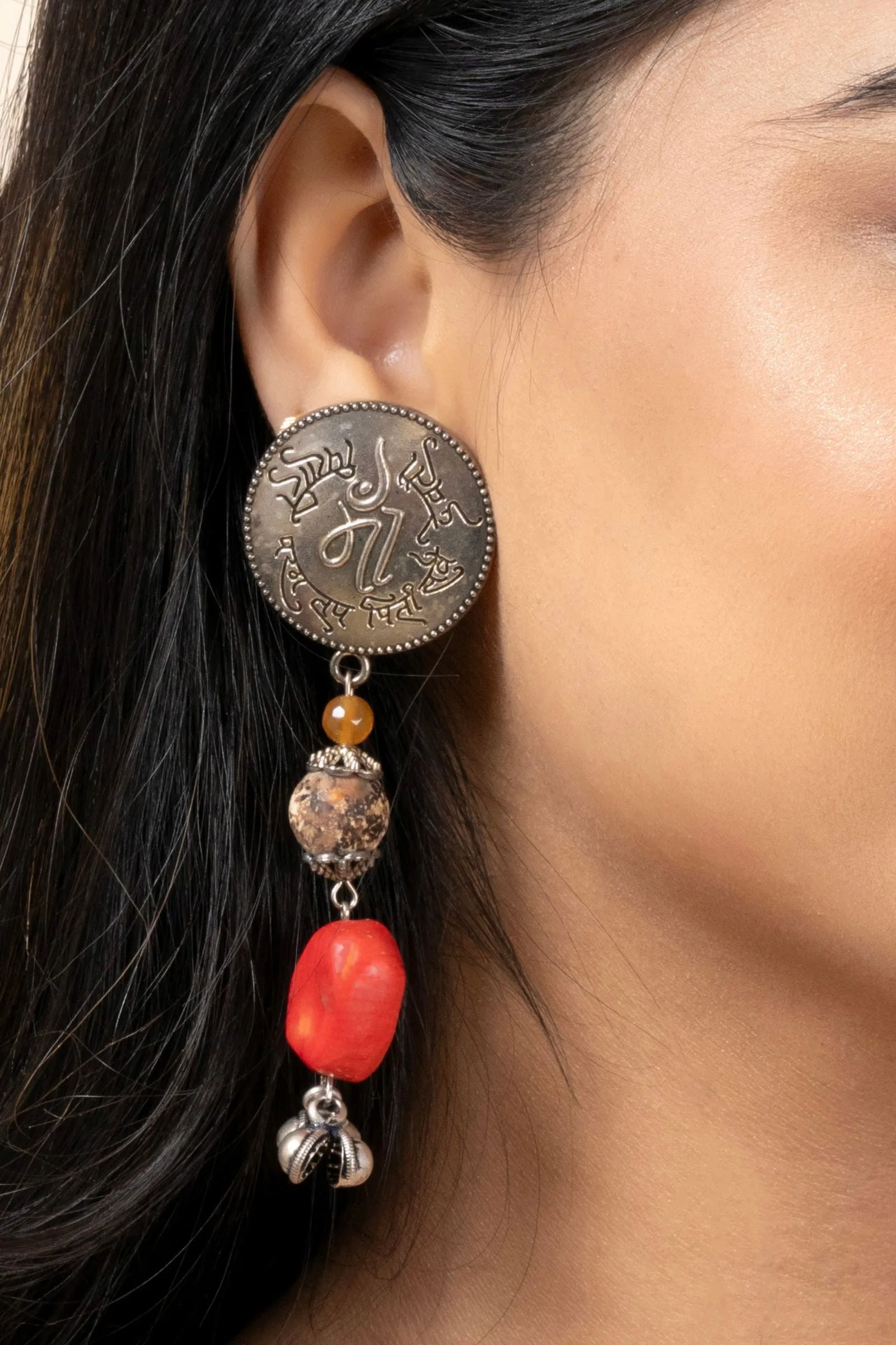 Handmade Scripted German Silver Stud with Jasper and Coral Stone & Ghungroo Drop Earrings