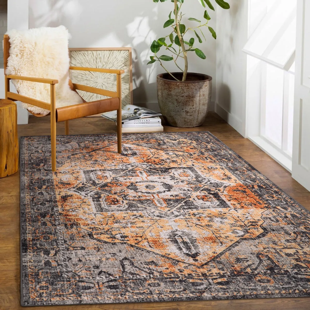 Harriet Traditional Medallion Distressed Orange Area Rug