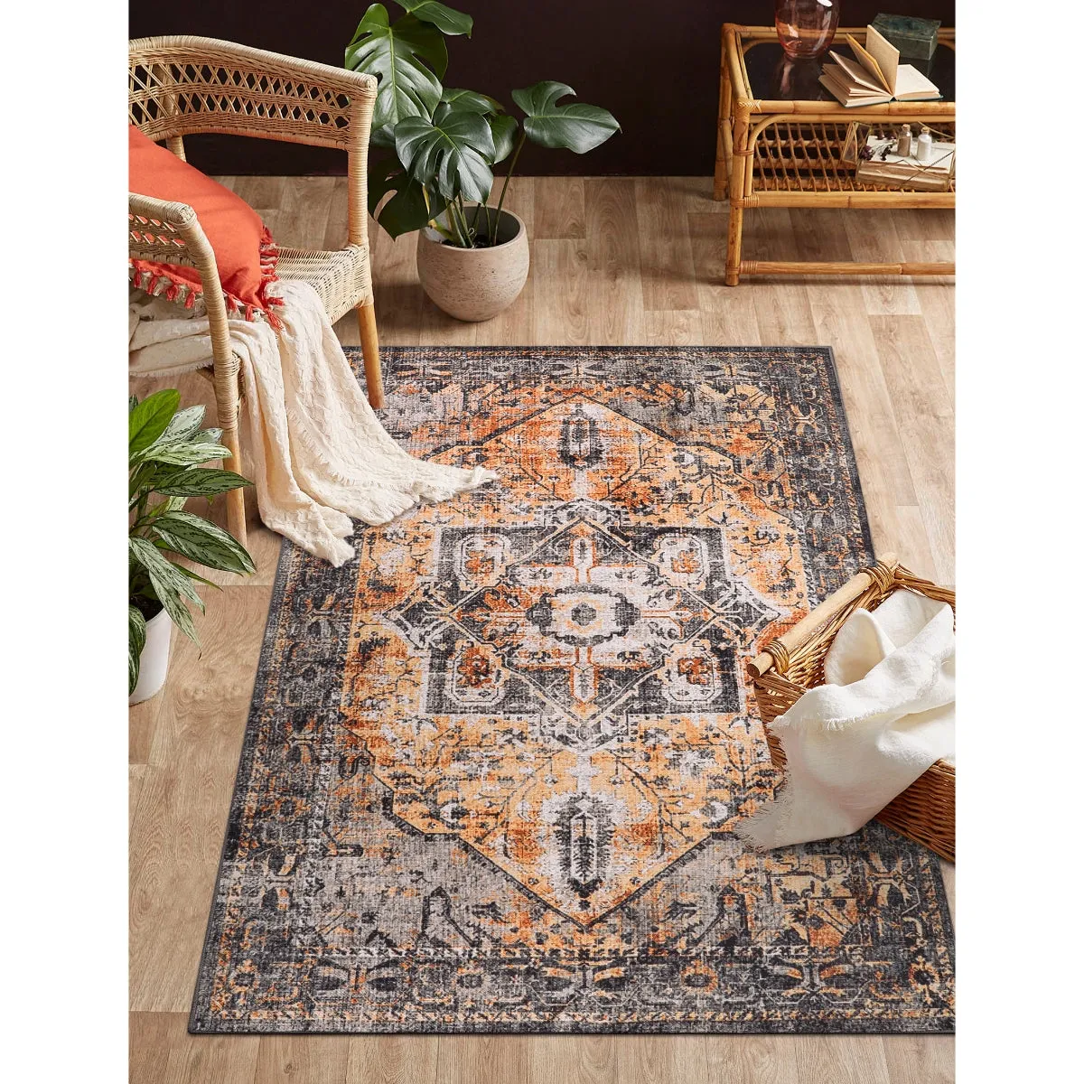 Harriet Traditional Medallion Distressed Orange Area Rug