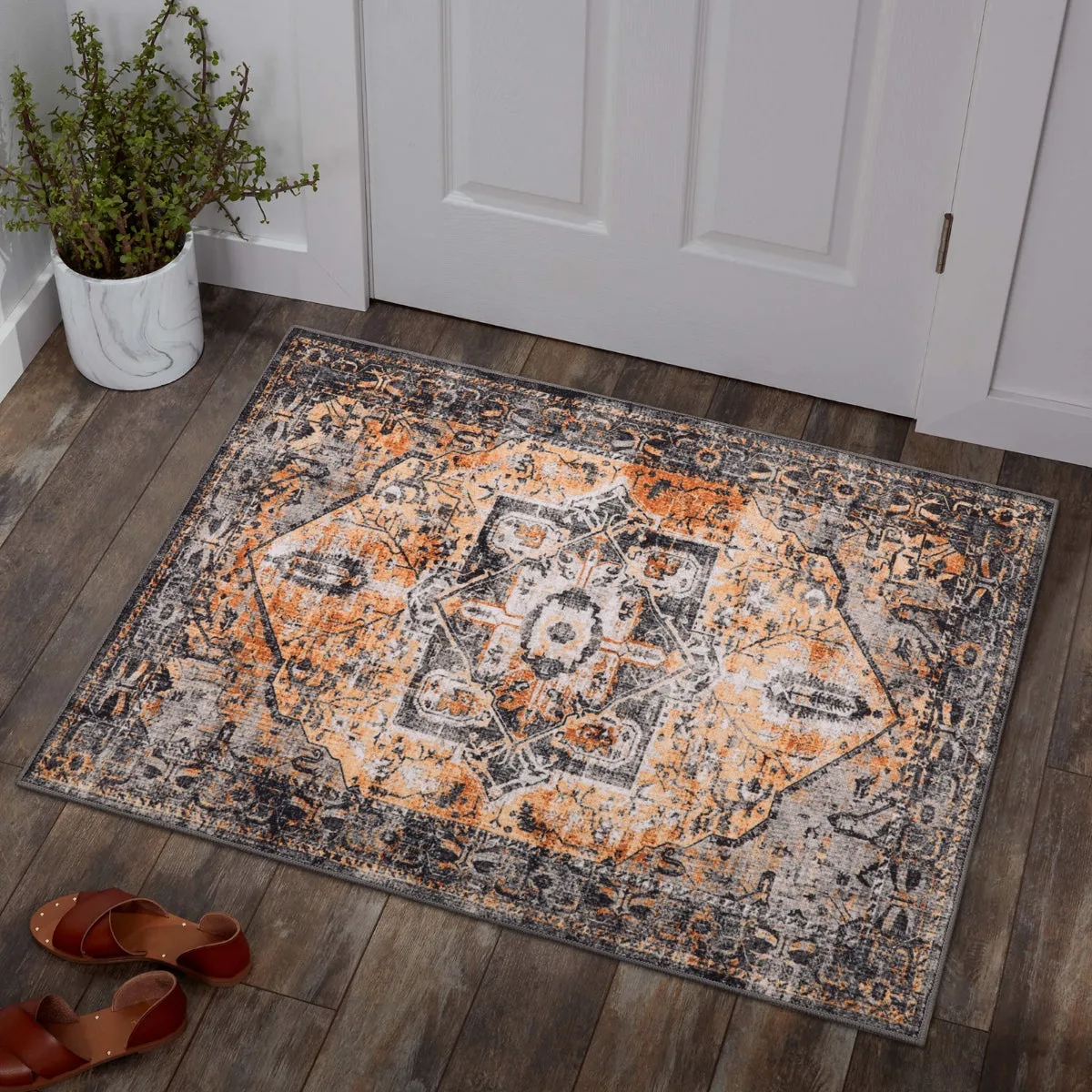 Harriet Traditional Medallion Distressed Orange Area Rug