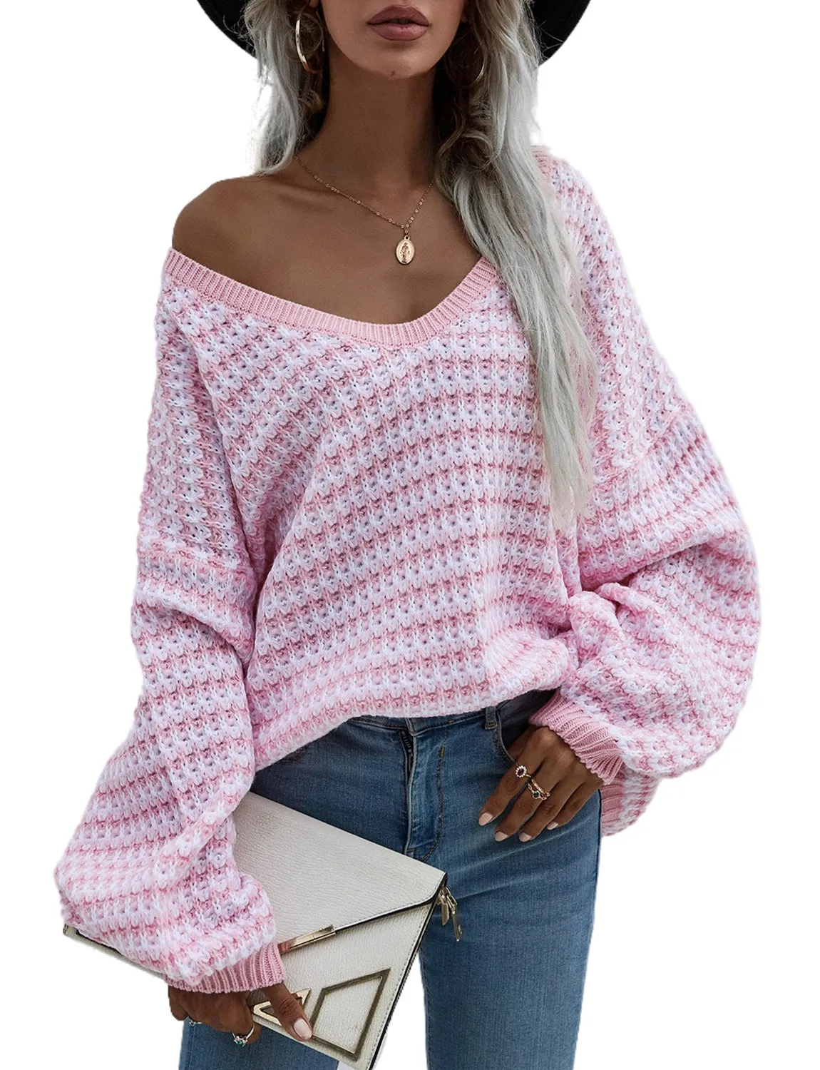 iB-iP Women's Dropped Shoulder Loose Casual Long Sleeve Pullover Sweater Cozy Top