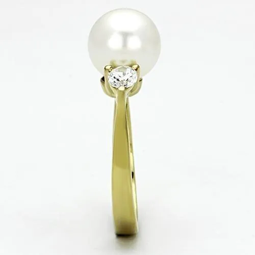 IP Gold(Ion Plating) Stainless Steel Ring with Synthetic Pearl in White for Women Style TK1103