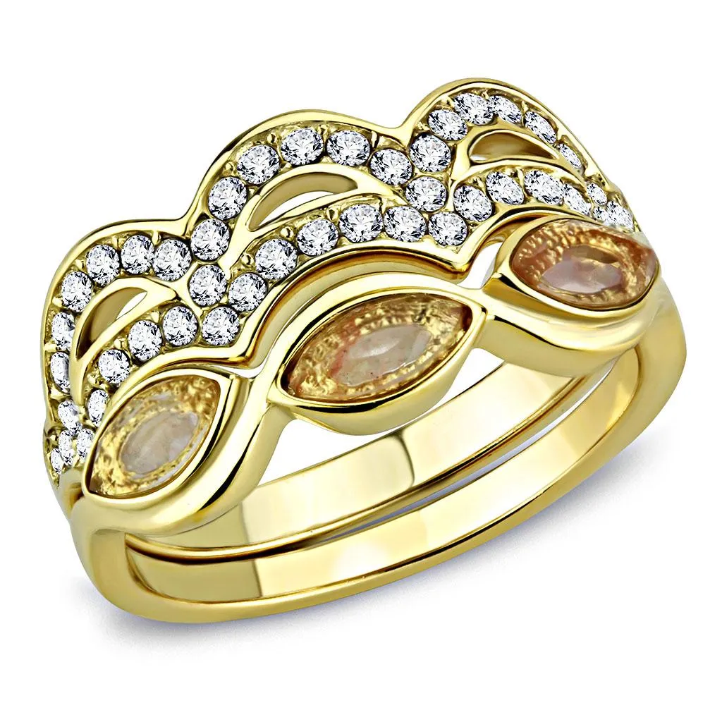 IP Gold(Ion Plating) Stainless Steel Ring with Synthetic Synthetic Glass in Light Peach for Women Style TK3521