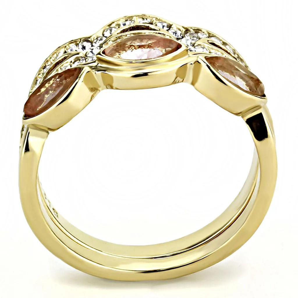 IP Gold(Ion Plating) Stainless Steel Ring with Synthetic Synthetic Glass in Light Peach for Women Style TK3521