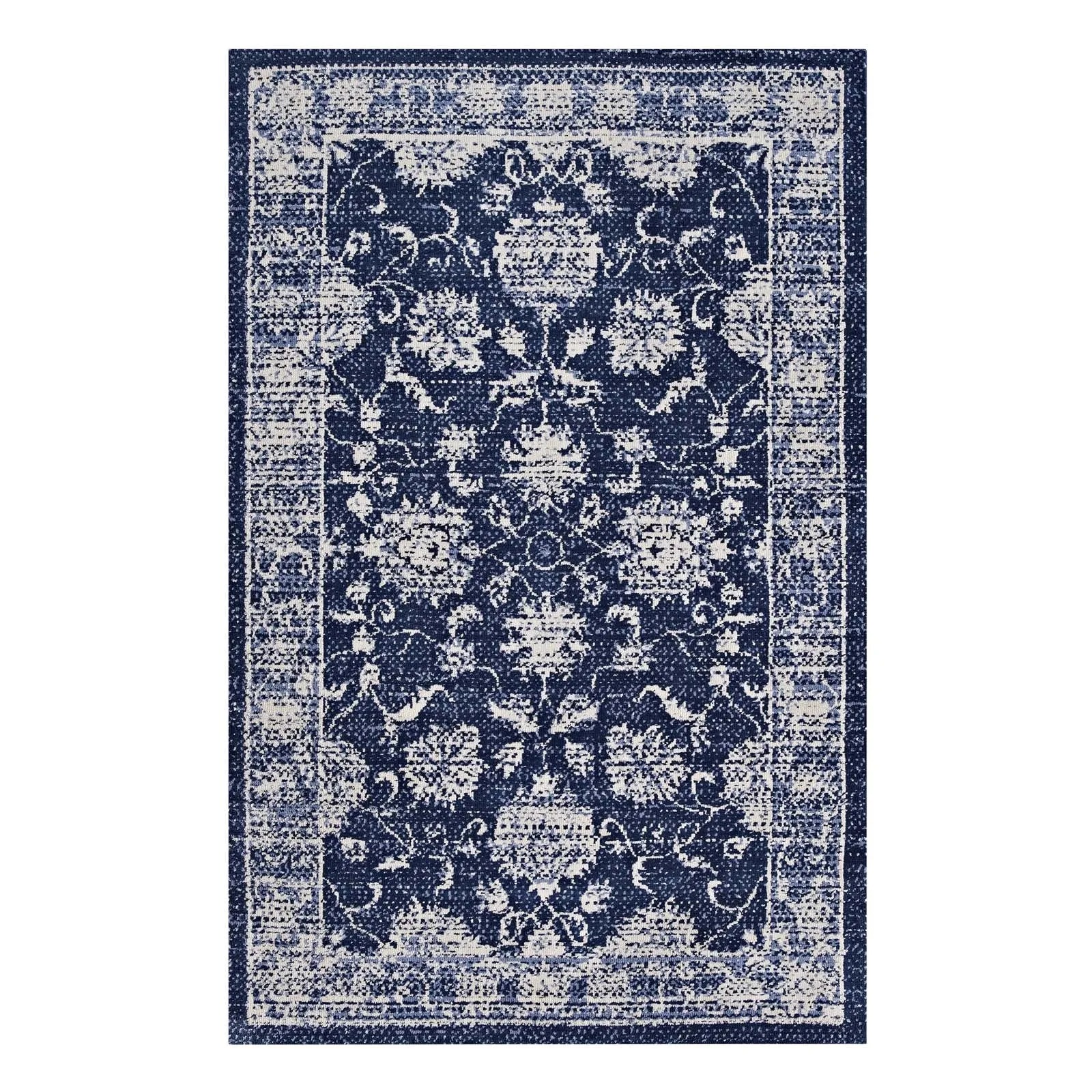 Kazia Distressed Floral Lattice 8x10 Area Rug Dark Blue and Ivory