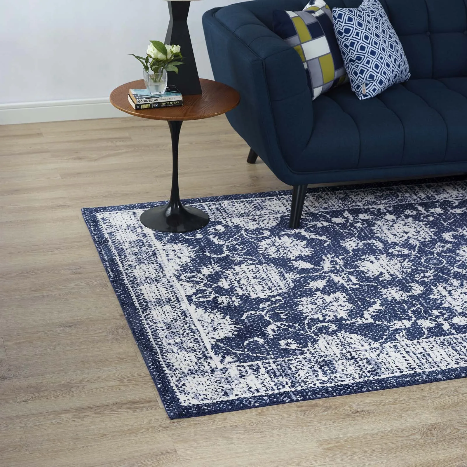 Kazia Distressed Floral Lattice 8x10 Area Rug Dark Blue and Ivory