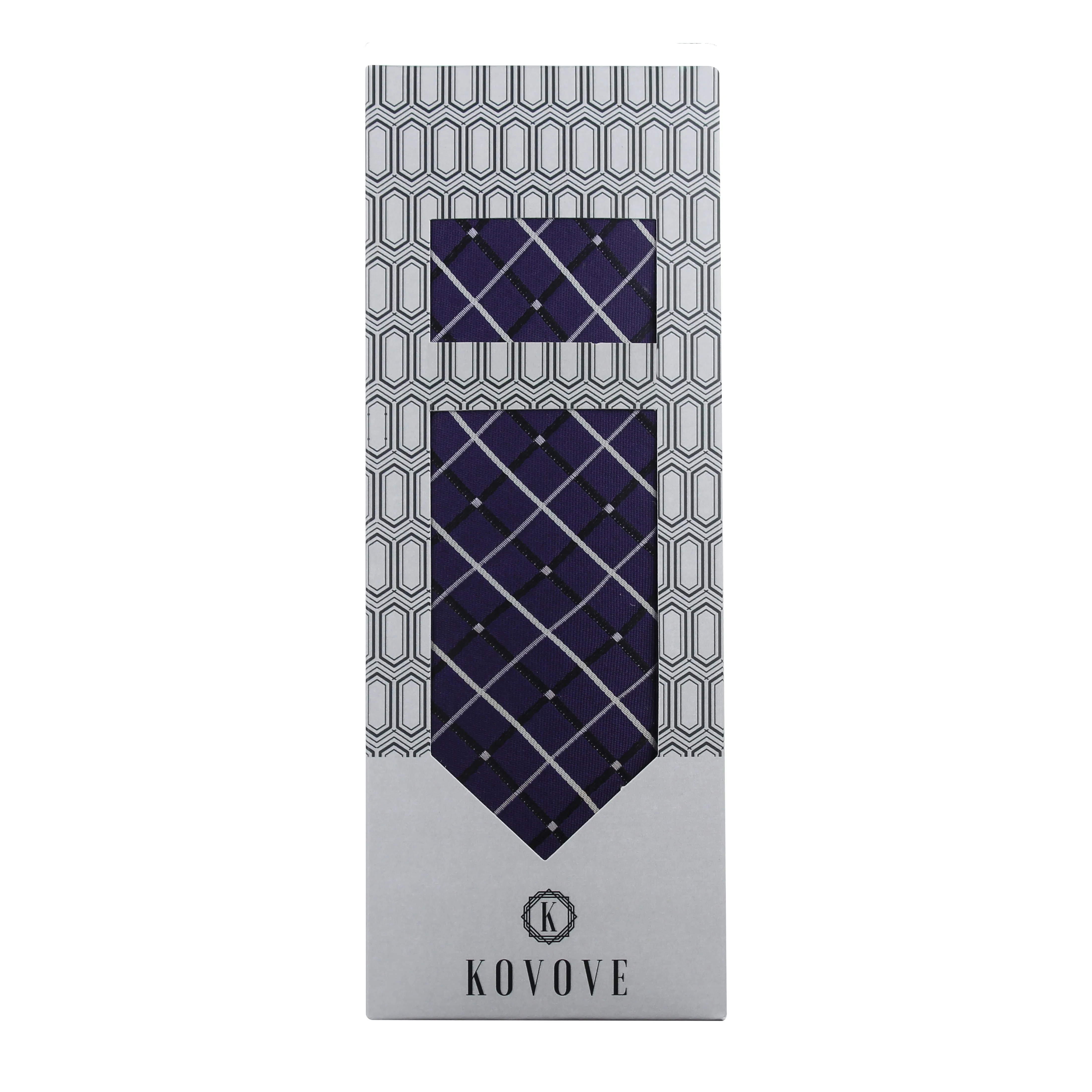 Kovove Elegant Blue Checkered Necktie and Pocket Square Gift Box