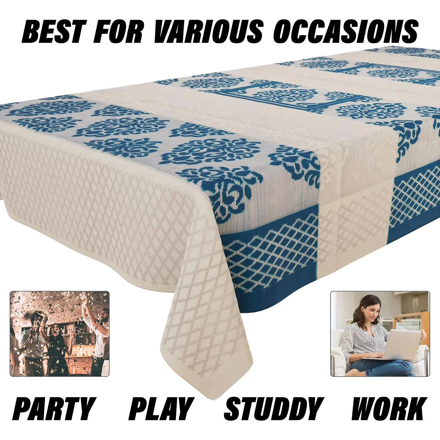 Kuber Industries Dining Table Cover | Kitchen Dining Tablecloth | 6 Seater Dining Table Cover | Dining Table Cover for Hall Décor | Blue Star Patta Net Tablecloth | DTC | 60x90 | Cream