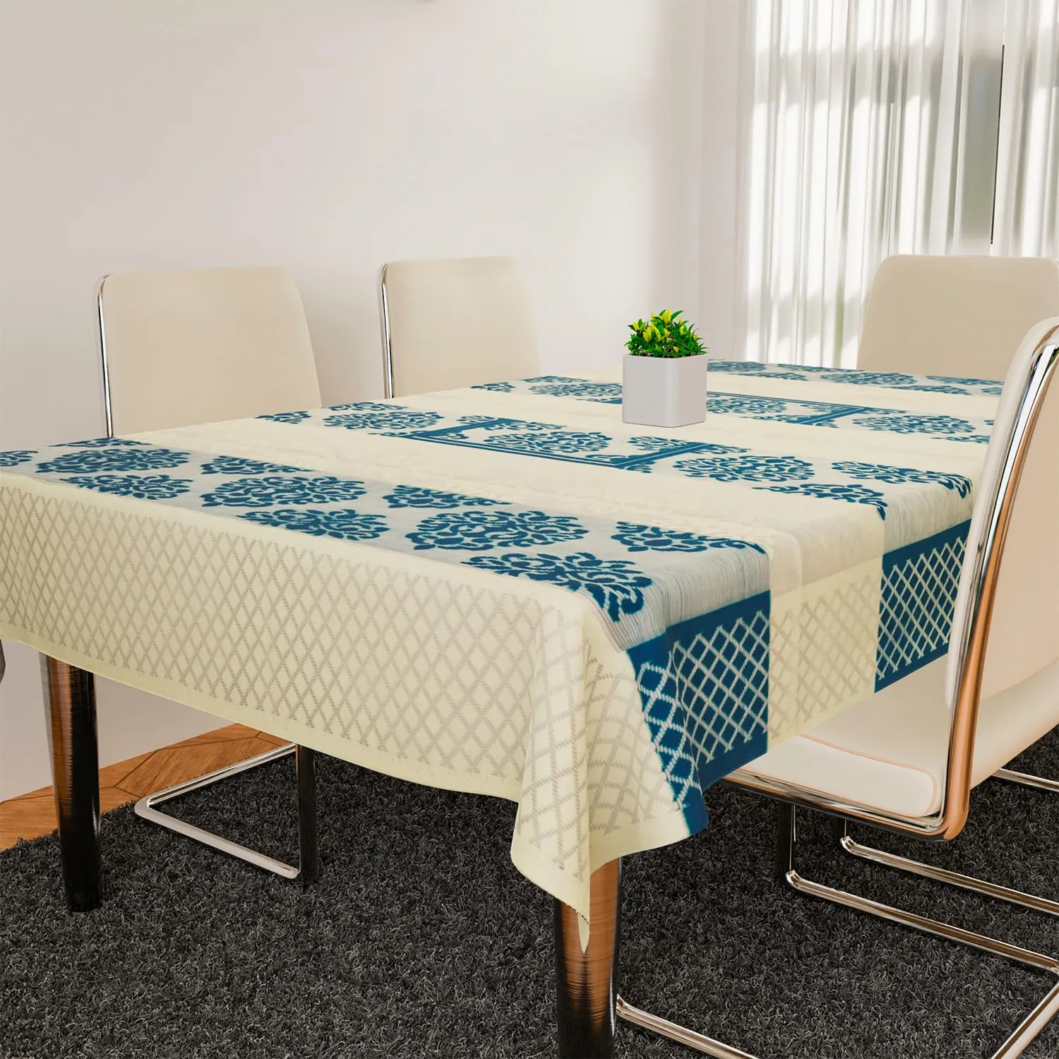 Kuber Industries Dining Table Cover | Kitchen Dining Tablecloth | 6 Seater Dining Table Cover | Dining Table Cover for Hall Décor | Blue Star Patta Net Tablecloth | DTC | 60x90 | Cream