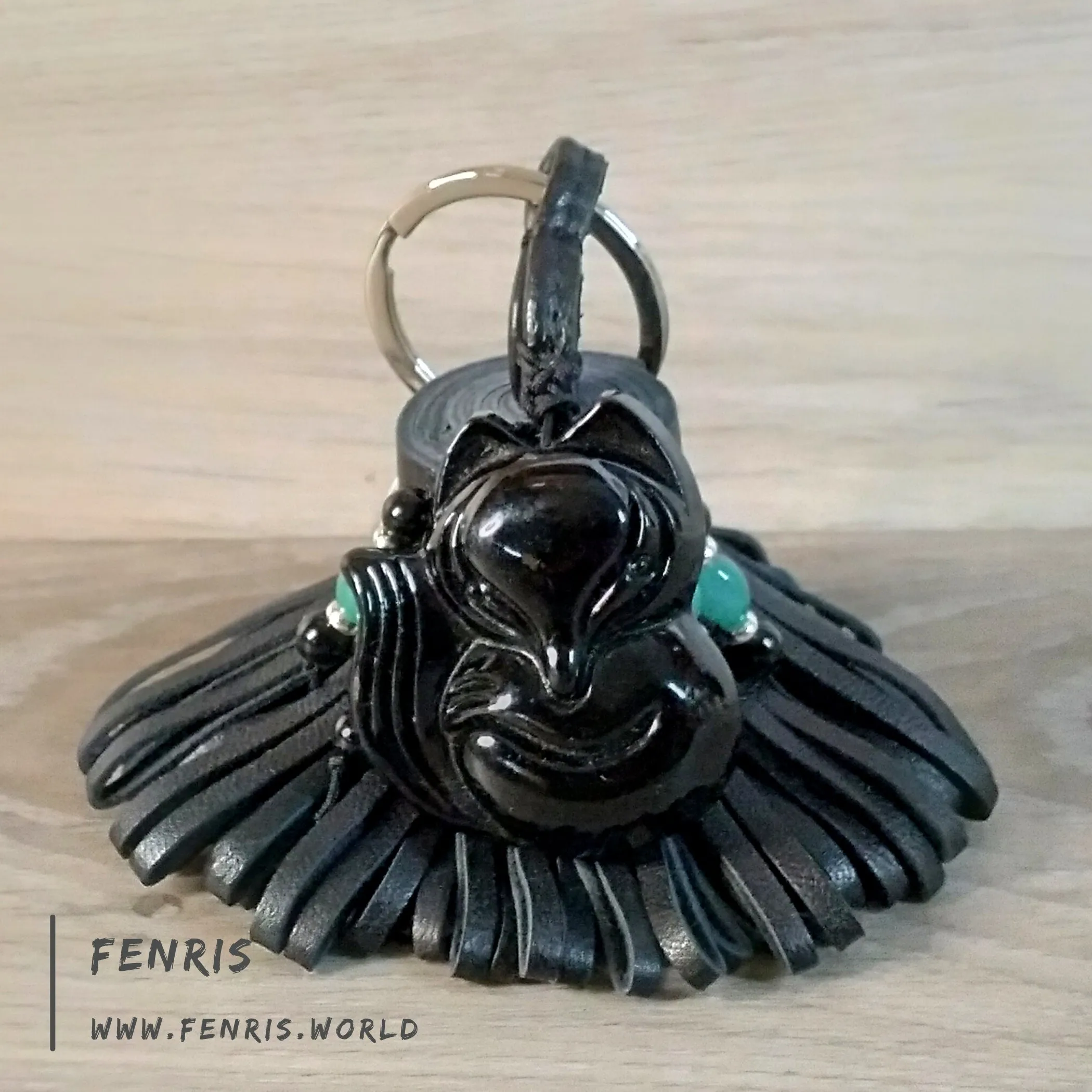 Leather Tassel Keychain Black Fox Obsidian Jade