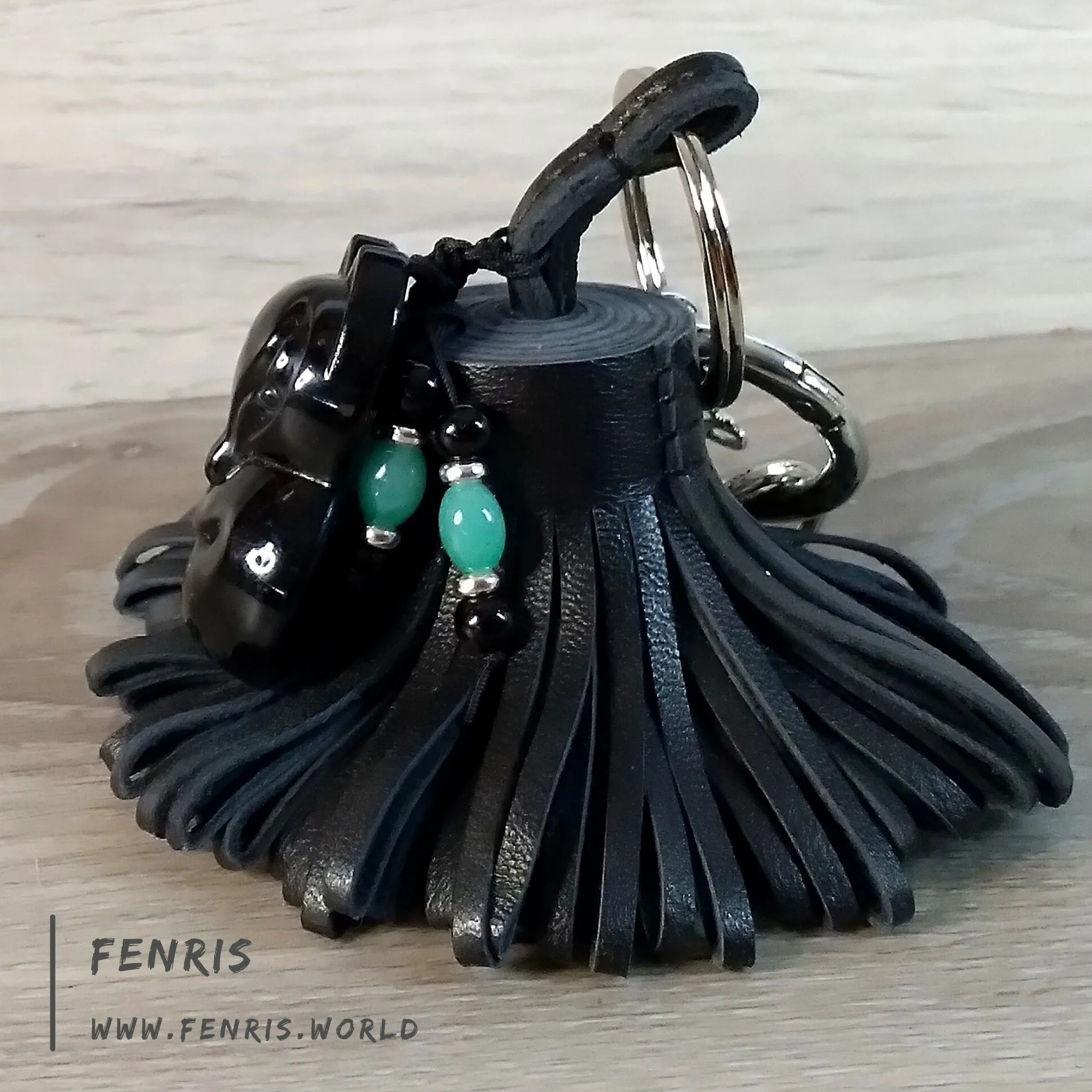 Leather Tassel Keychain Black Fox Obsidian Jade