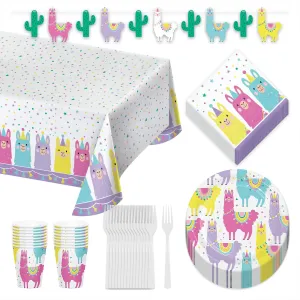 Llama Party Supplies - Llama Fiesta and Cactus Paper Dessert Plates, Napkins, Forks, Cups, Table Cover, and Banner Set (Serves 16)