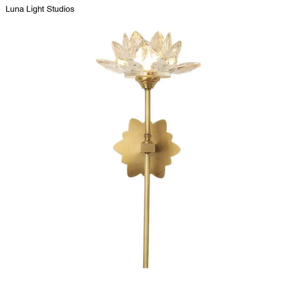 Lotus Wall Sconce in Traditional Gold with Clear Crystal LED Light - Ideal for Bedroom, 16"/23.5" H