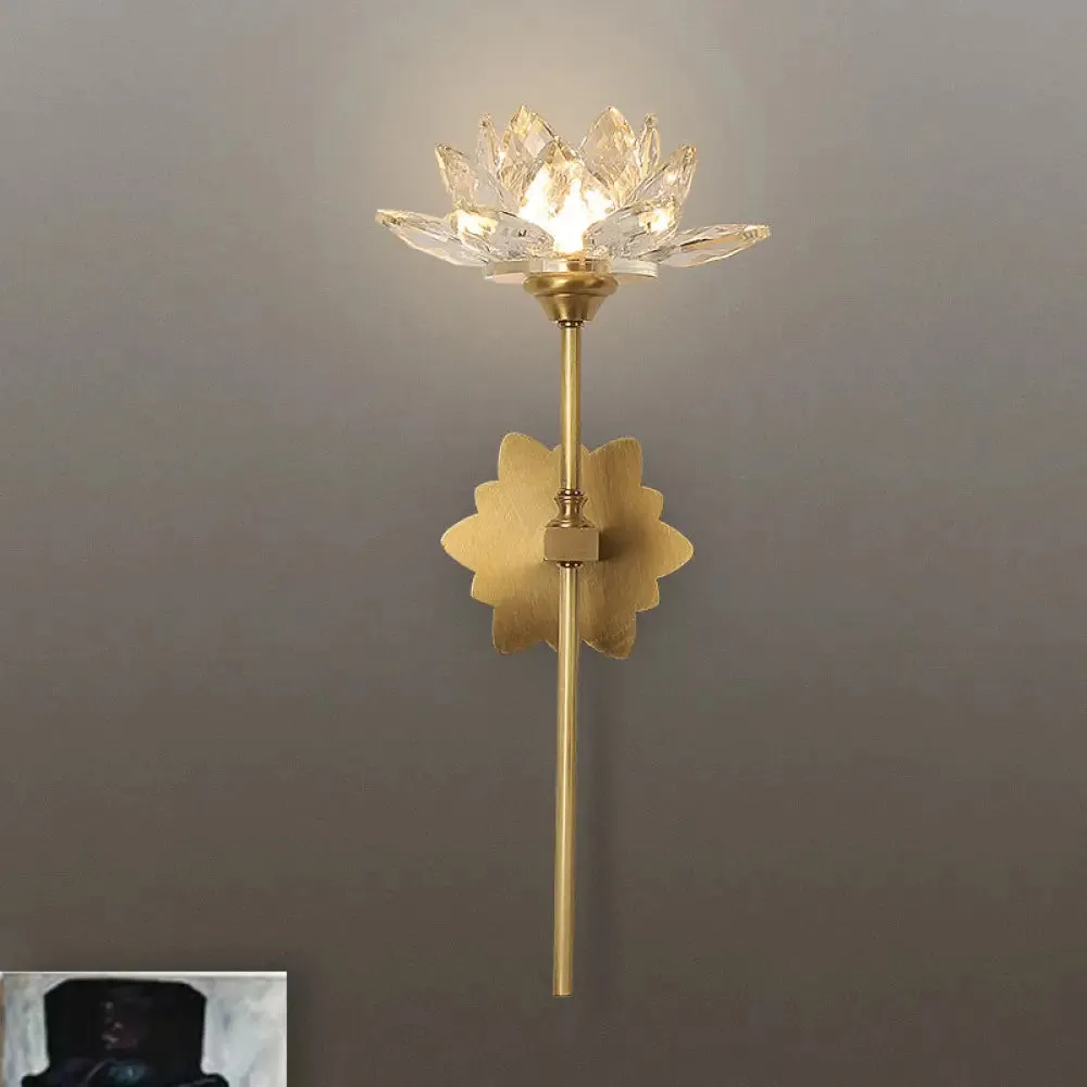 Lotus Wall Sconce in Traditional Gold with Clear Crystal LED Light - Ideal for Bedroom, 16"/23.5" H