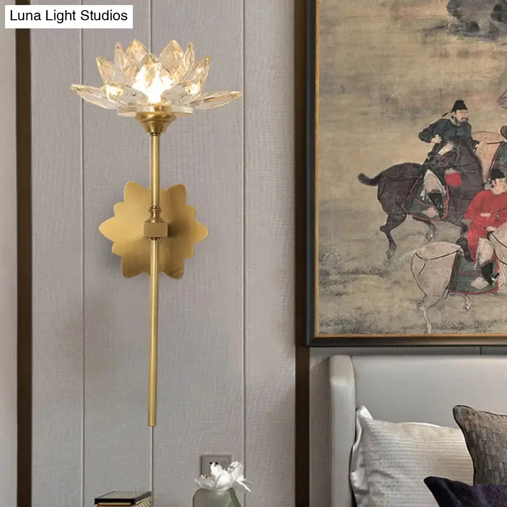 Lotus Wall Sconce in Traditional Gold with Clear Crystal LED Light - Ideal for Bedroom, 16"/23.5" H