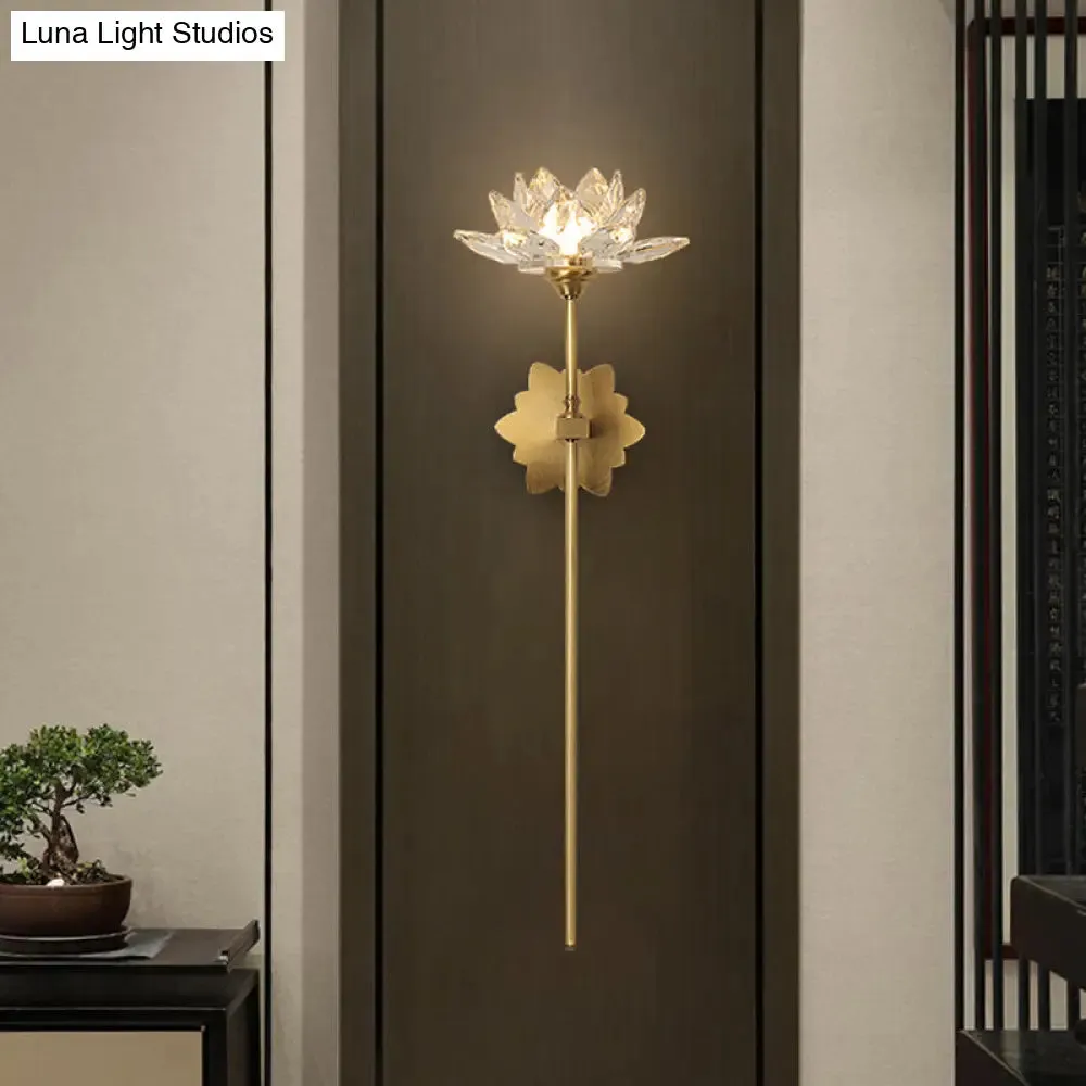 Lotus Wall Sconce in Traditional Gold with Clear Crystal LED Light - Ideal for Bedroom, 16"/23.5" H