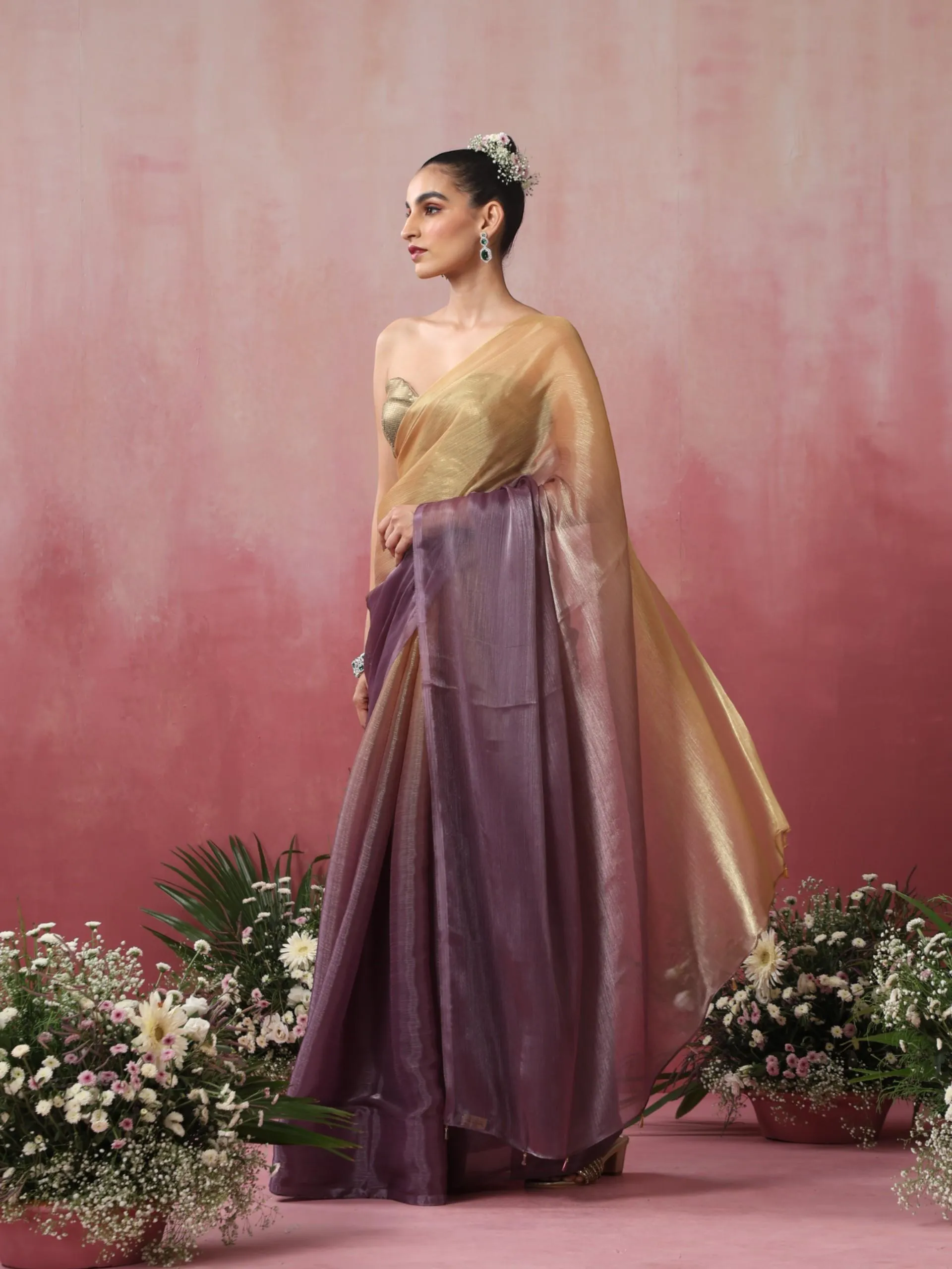 Magnet Gold and Purple Ombre' Organza Saree