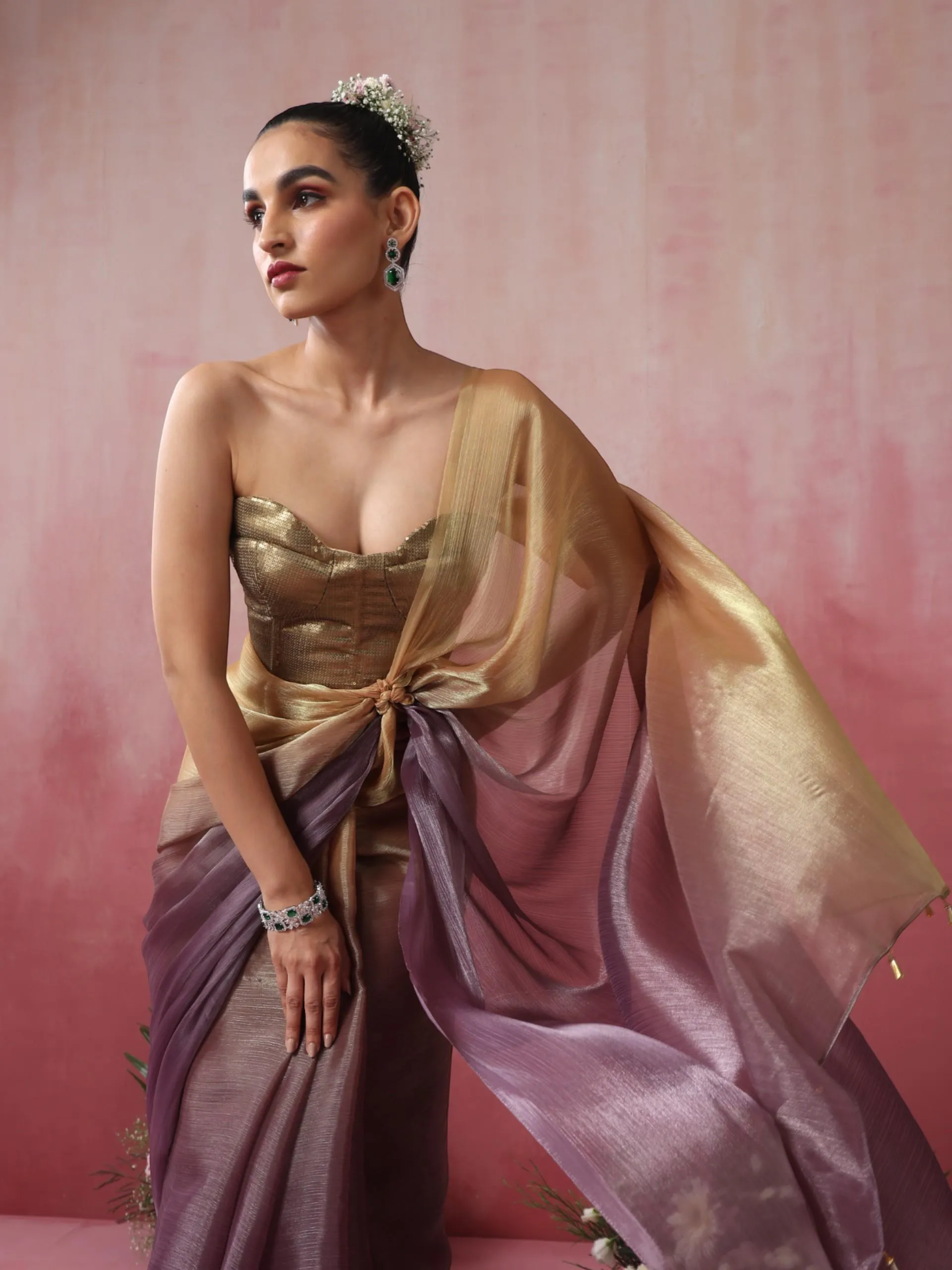 Magnet Gold and Purple Ombre' Organza Saree