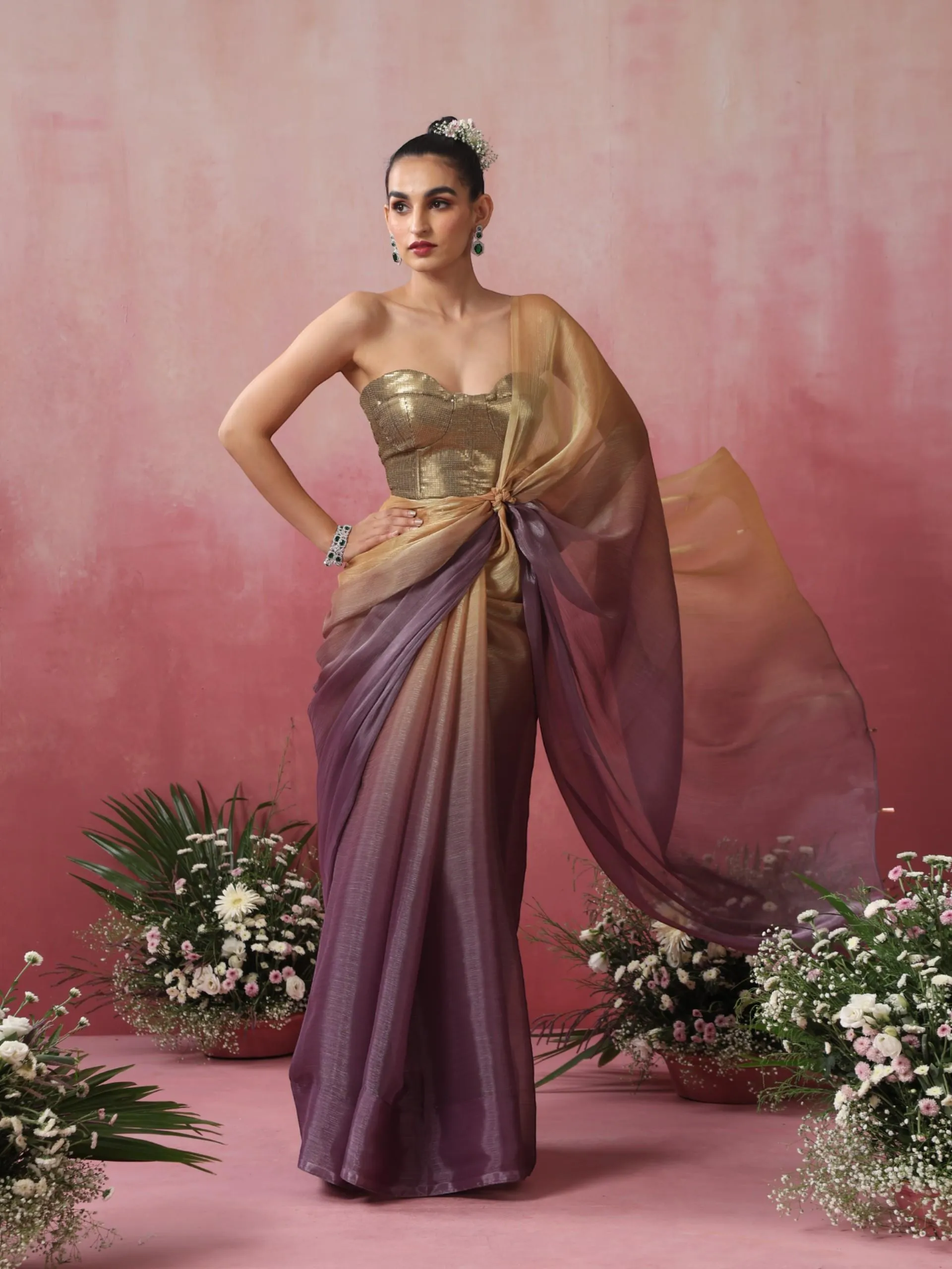 Magnet Gold and Purple Ombre' Organza Saree