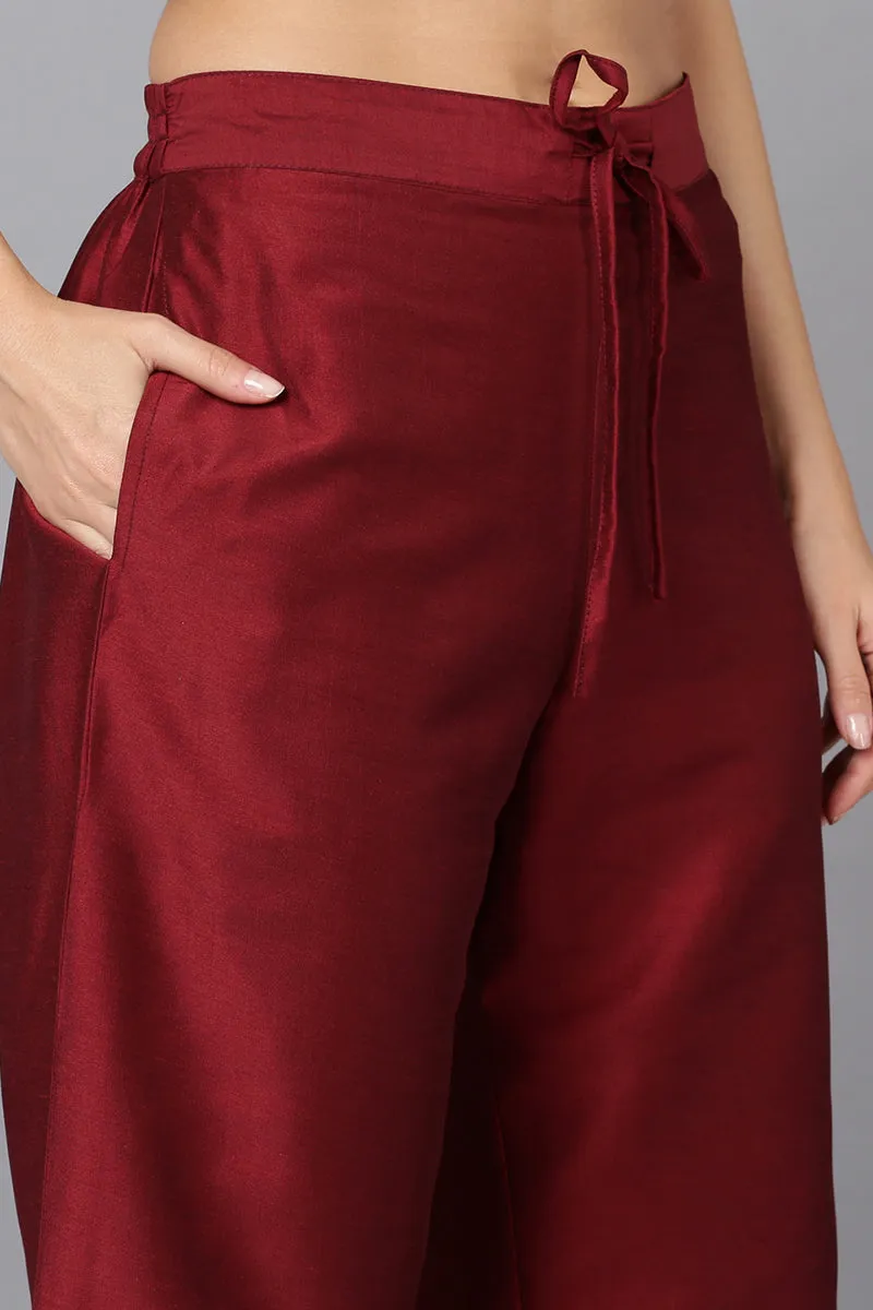 Maroon Silk Blend Anarkali Kurta Pant With Dupatta