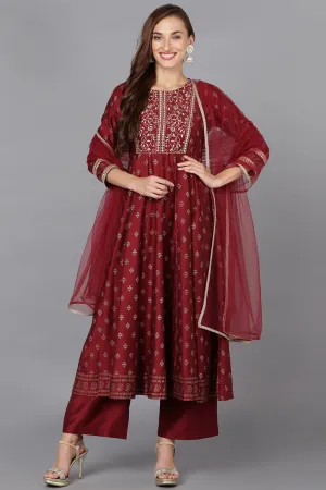 Maroon Silk Blend Anarkali Kurta Pant With Dupatta