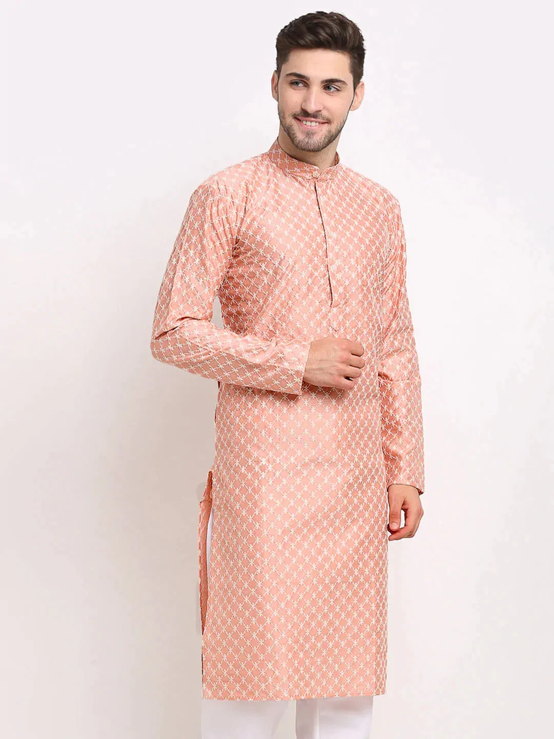 Men Peach Chikankari Kurta Only