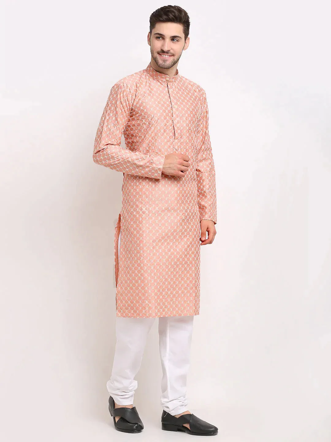 Men Peach Chikankari Kurta Only