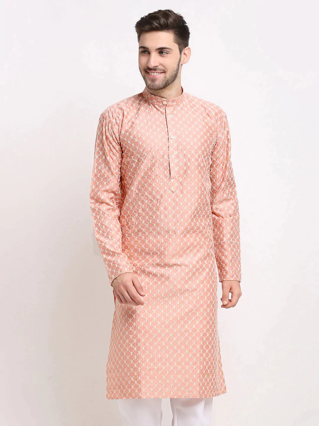 Men Peach Chikankari Kurta Only