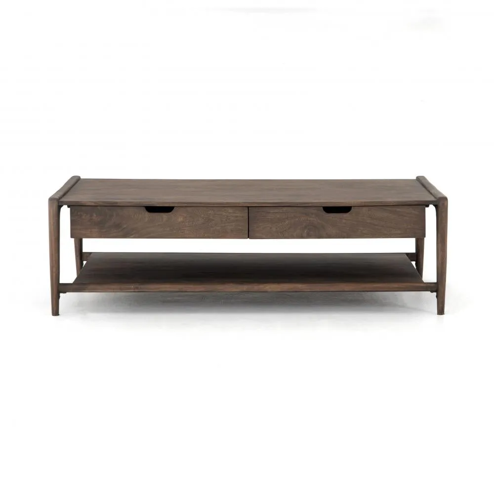 Mid-Century Style Two Drawer Mango Wood Rectangle Coffee Table Aged Brown Finish 55 inch