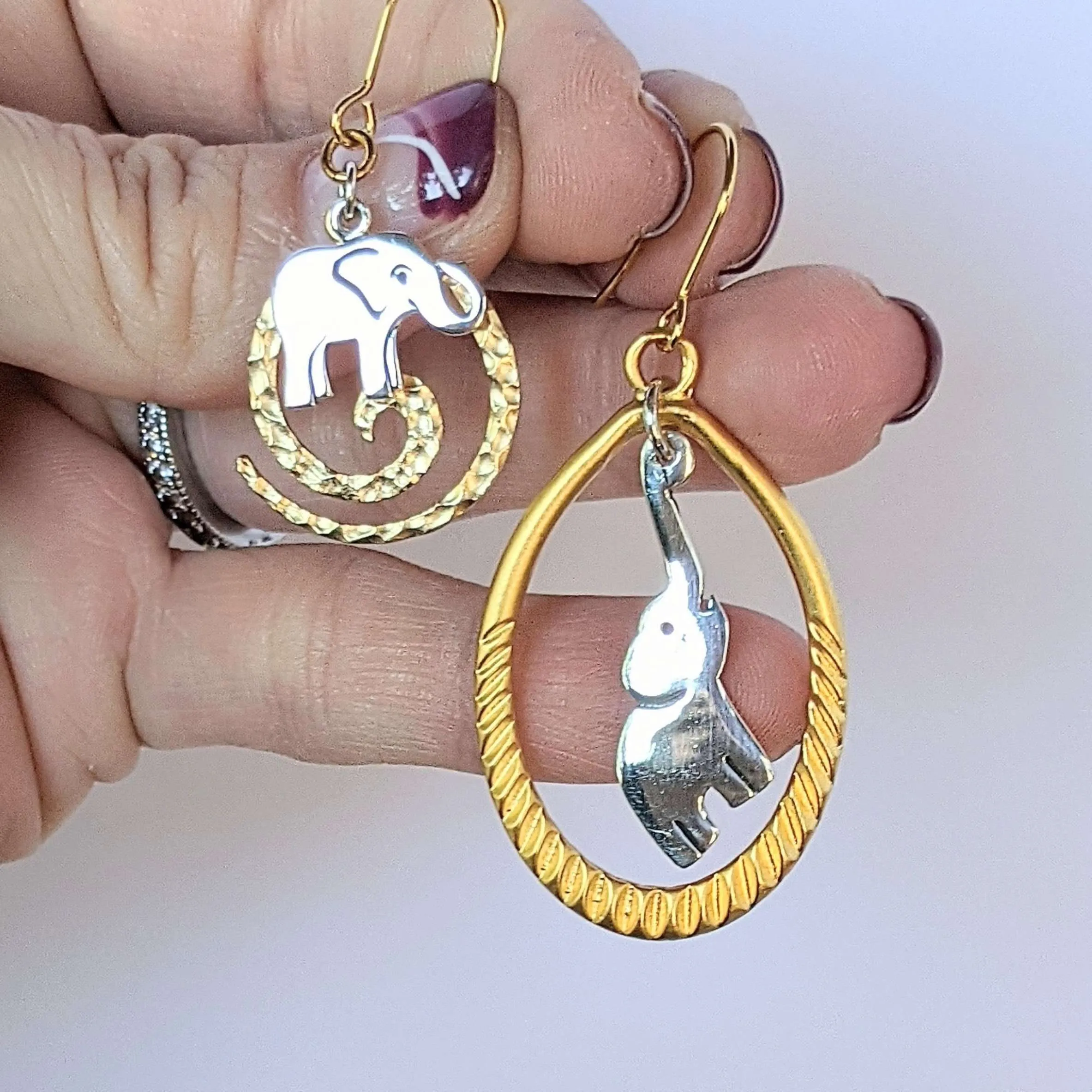 Mismatched Elephant two-tone hook earrings