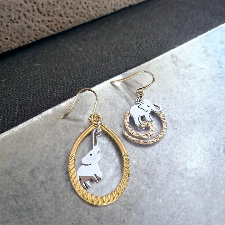 Mismatched Elephant two-tone hook earrings