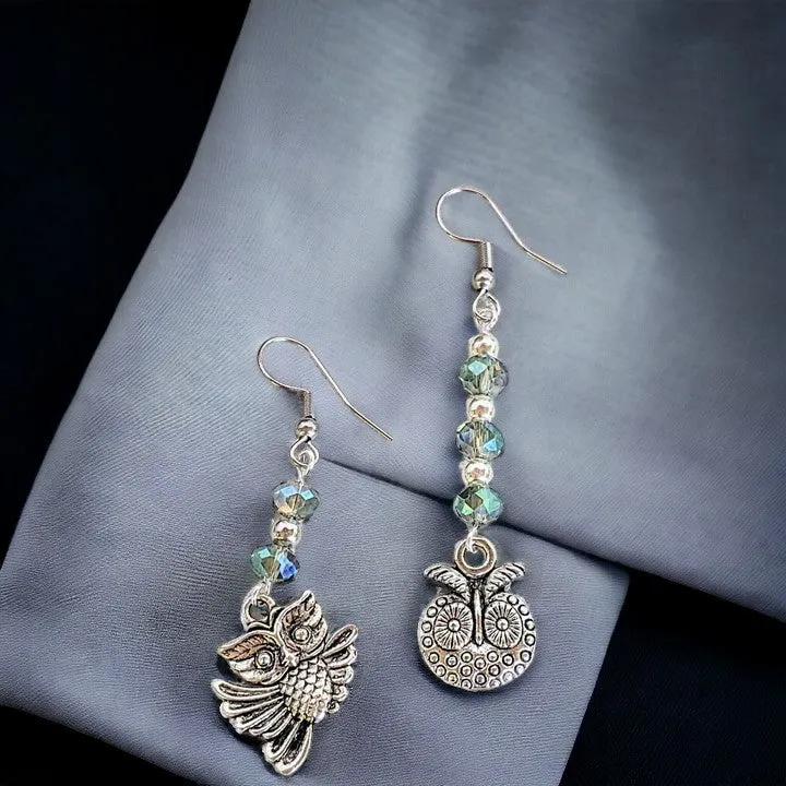 Mismatched Owl crystal hook earrings