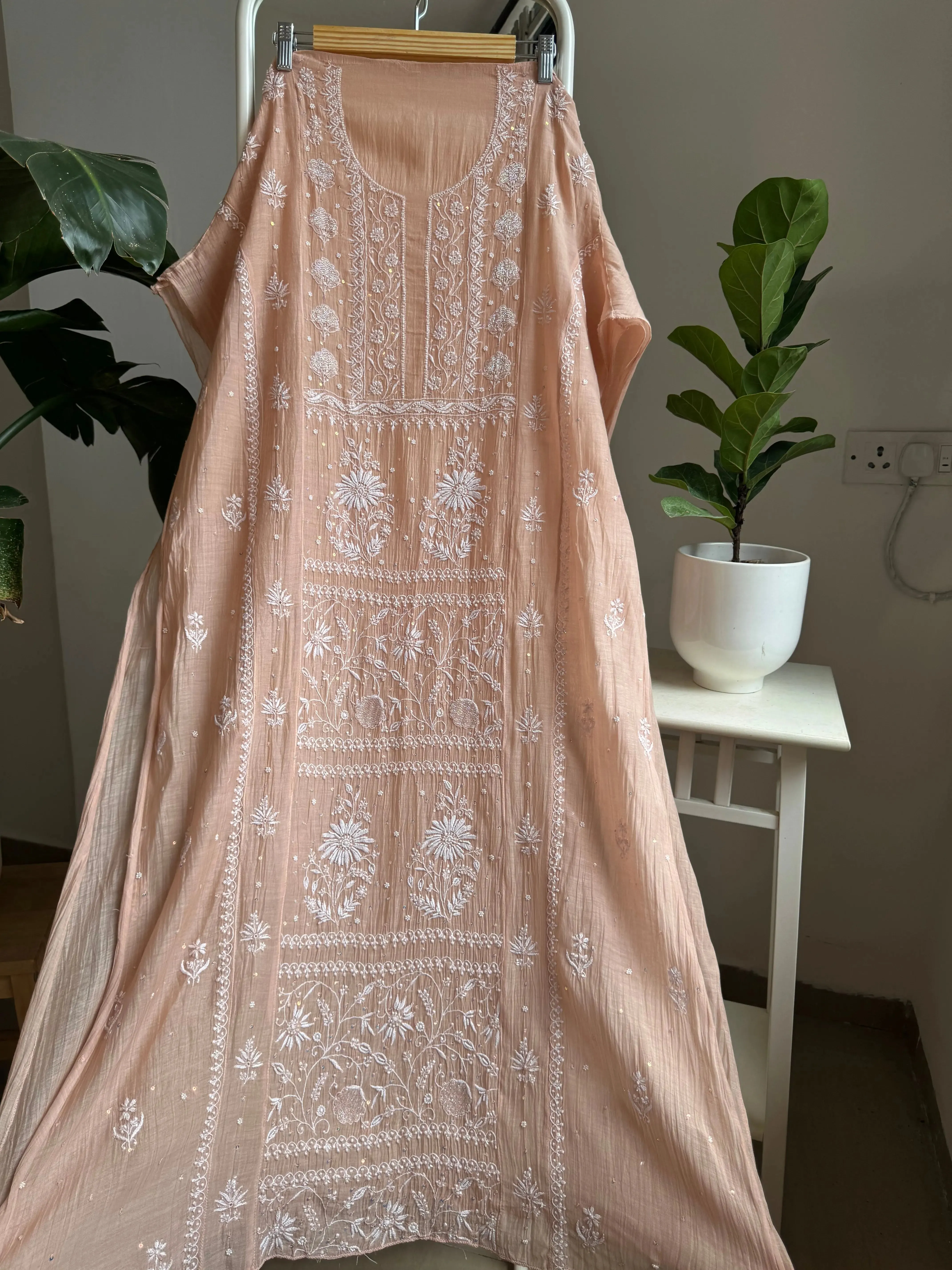 Mul Chanderi Straight Chikankari Tunic -Light Brown