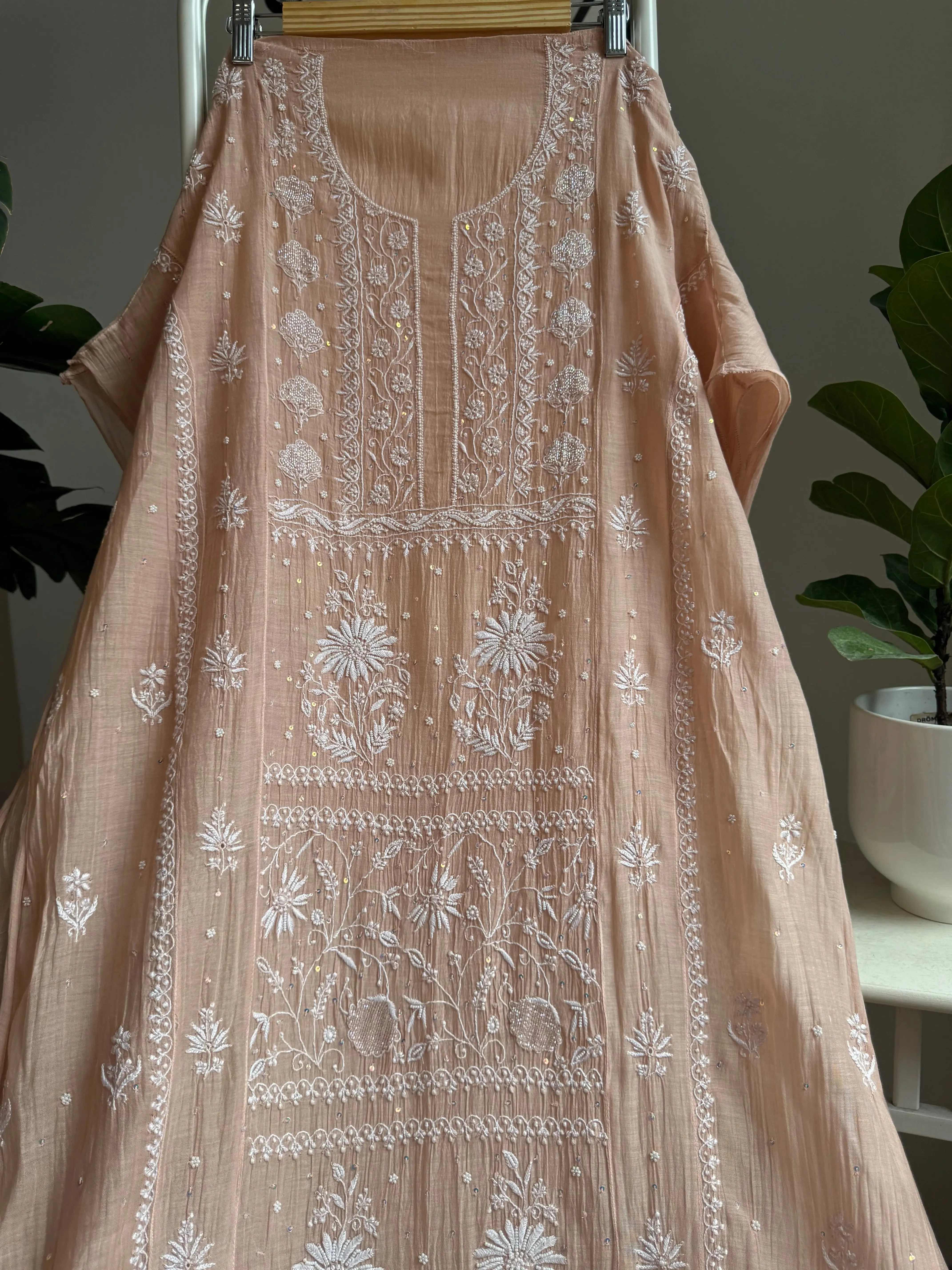 Mul Chanderi Straight Chikankari Tunic -Light Brown