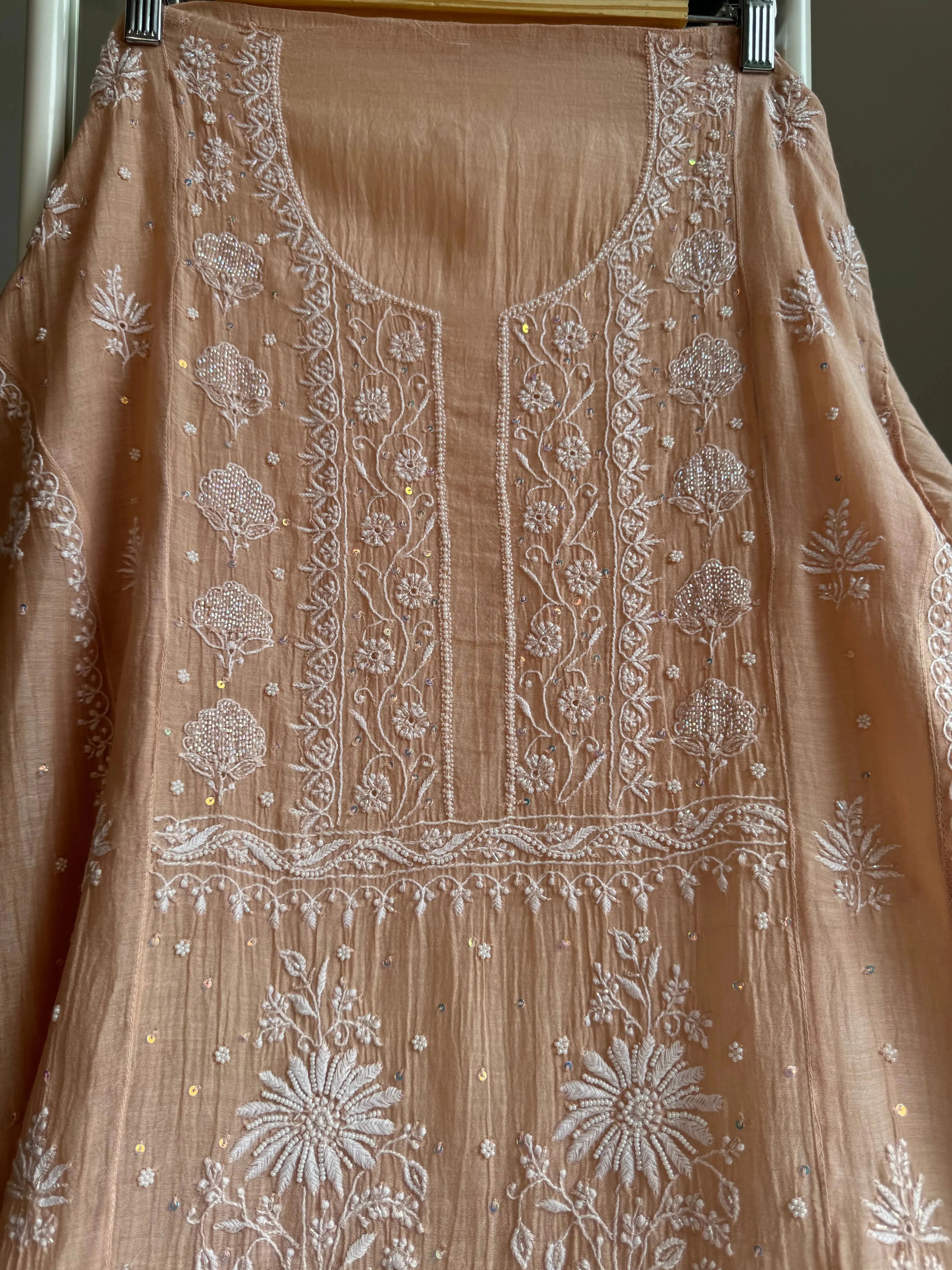 Mul Chanderi Straight Chikankari Tunic -Light Brown