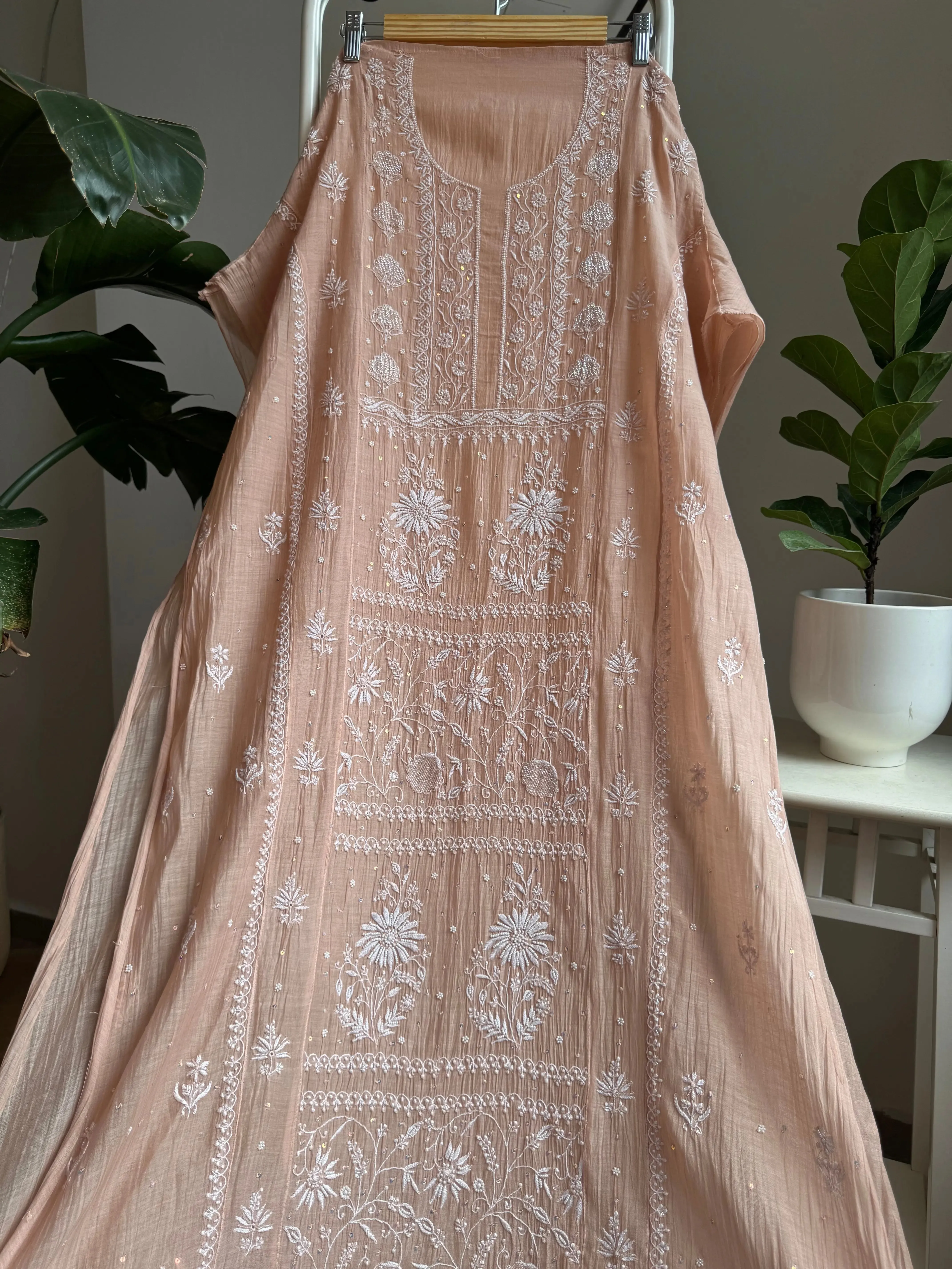 Mul Chanderi Straight Chikankari Tunic -Light Brown