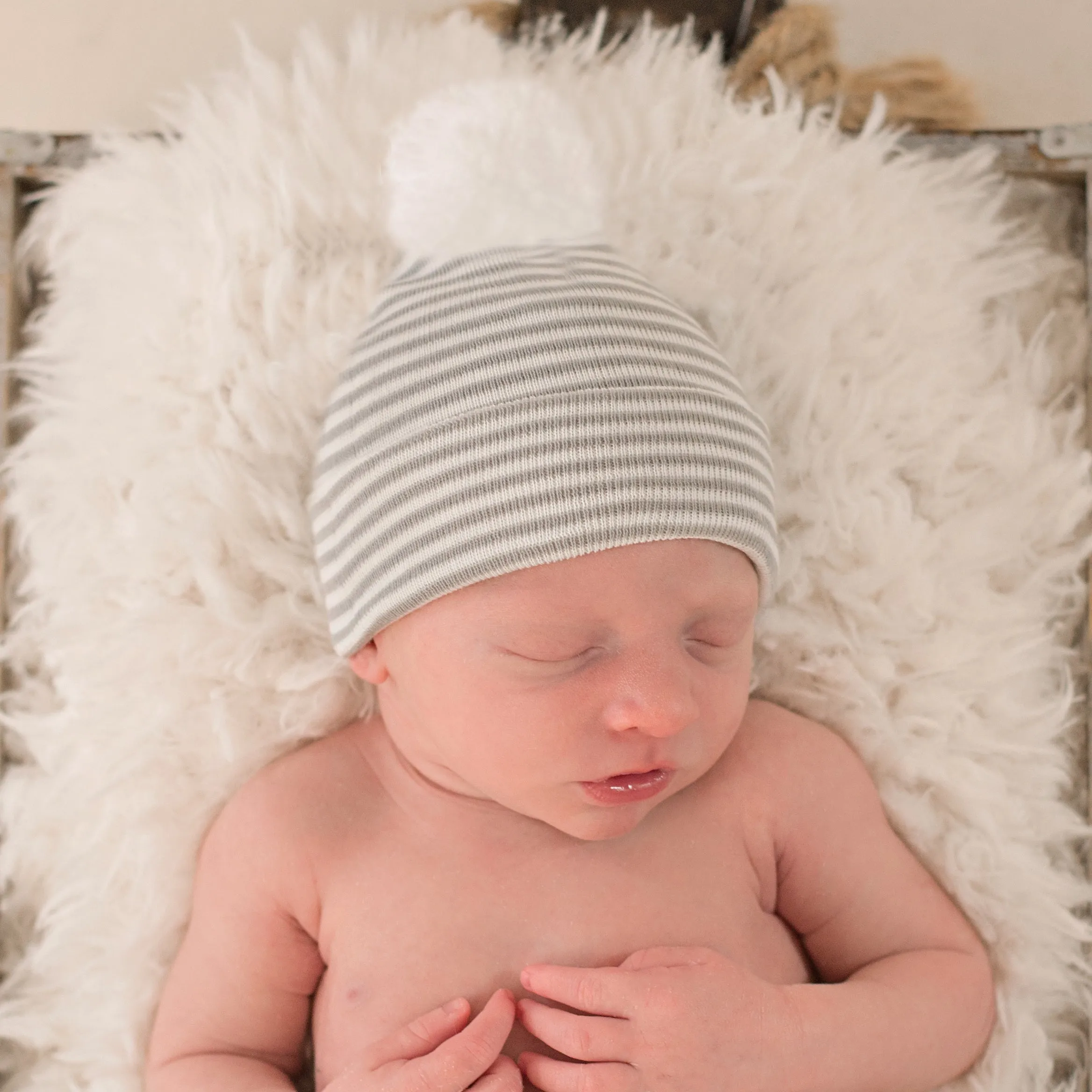 Newborn Boy Hospital Hat, Grey and White Striped Nursery Beanie with White Pom Pom Infant Hat Newborn Hat