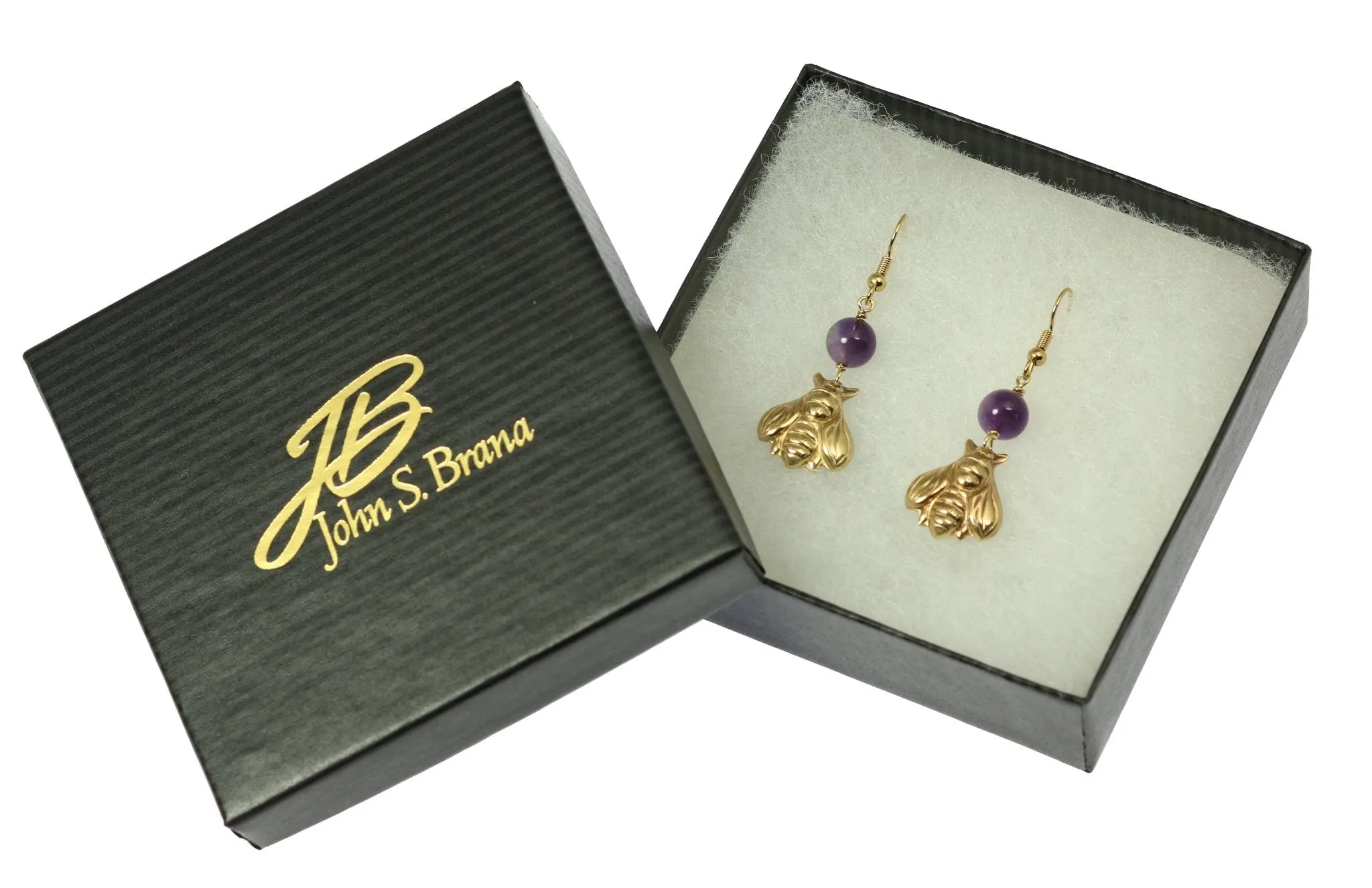 Nu Gold Honey Bee Earrings with Amethyst