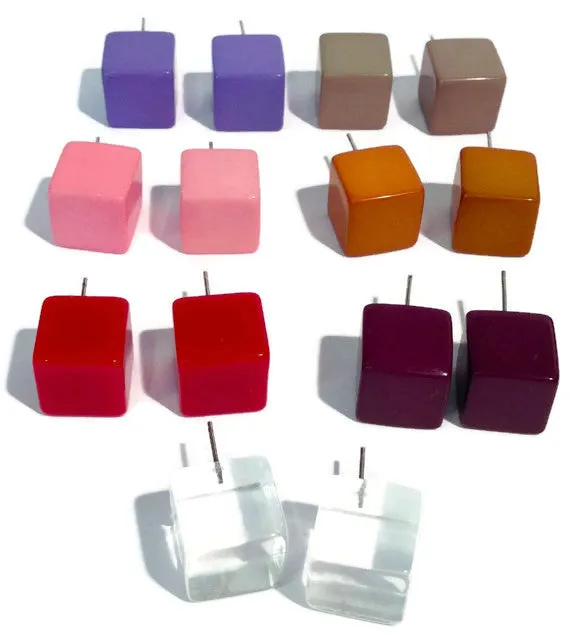 Nutmeg Brown Midi Cube Stud Earrings