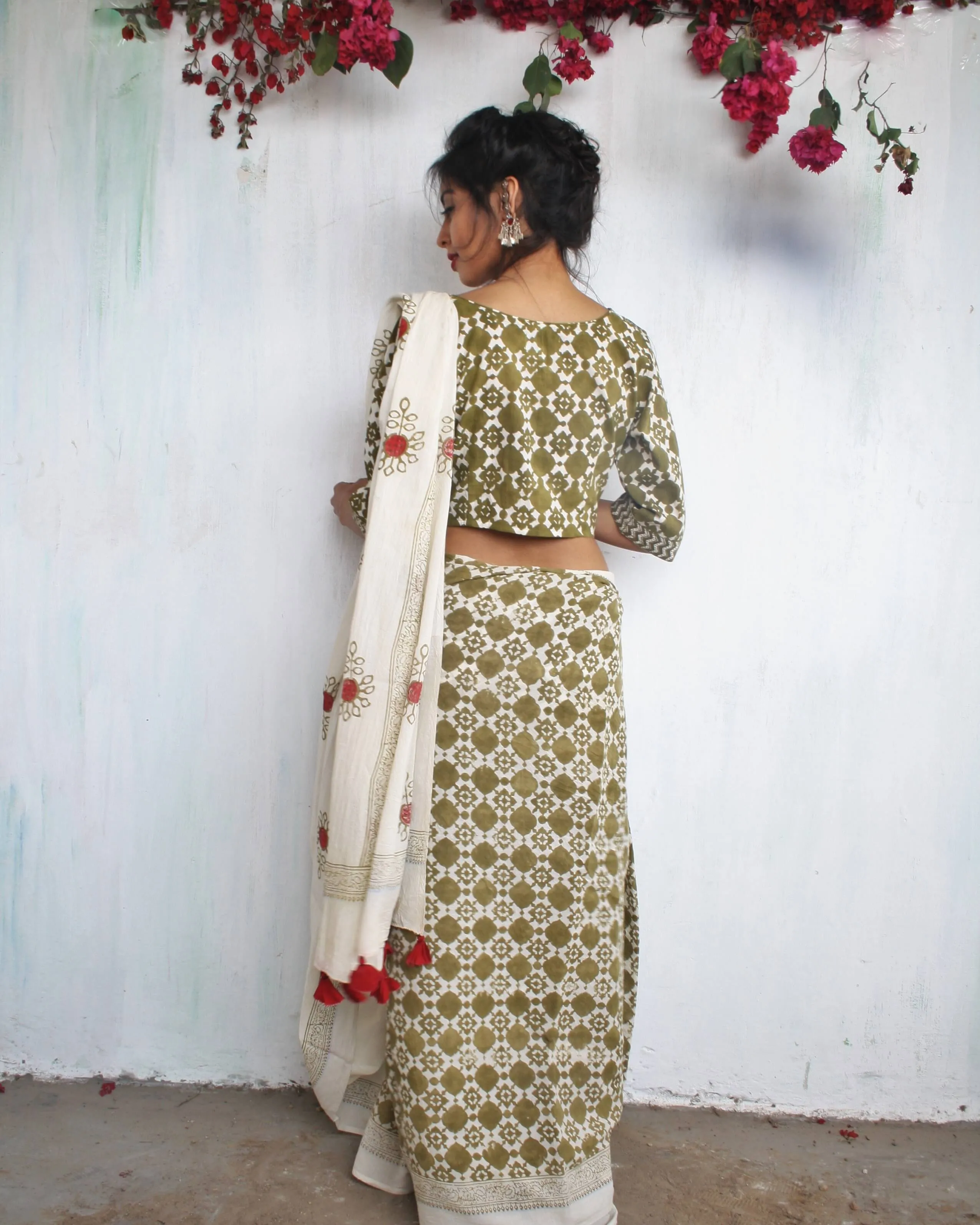 Olive Garden Handblockprinted Cotton Saree